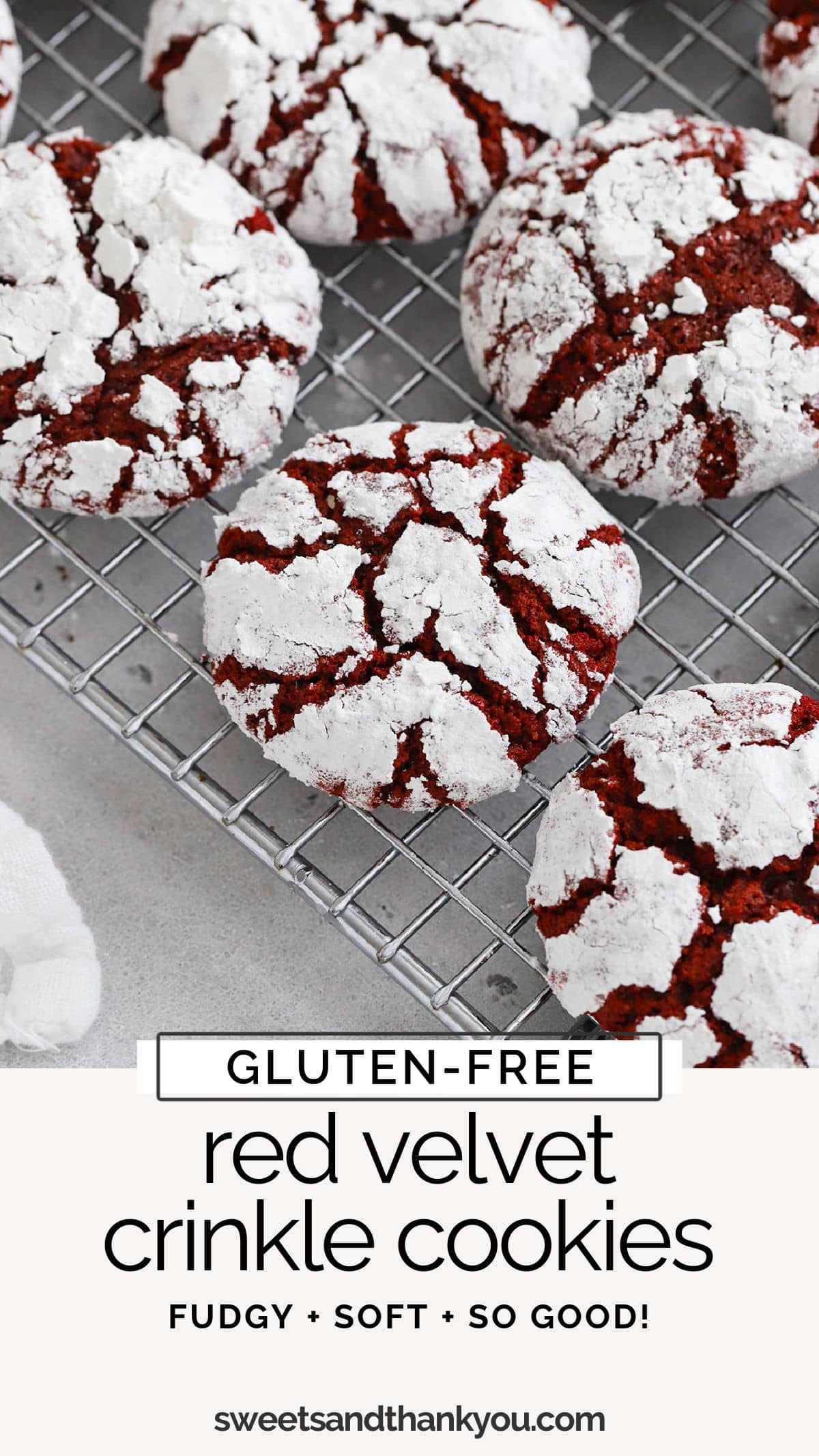 Our Gluten-Free Red Velvet Crinkle Cookies recipe is as yummy as it looks! Fudgy red velvet cookies rolled in powdered sugar for a pretty crackle effect. / gluten-free red velvet crinkles / gluten-free red velvet cookie recipe / gluten-free cookies / gluten free crinkle cookies / gluten free valentines cookies / gluten free holiday cookies / gluten-free christmas cookies / gluten-free cookie recipe