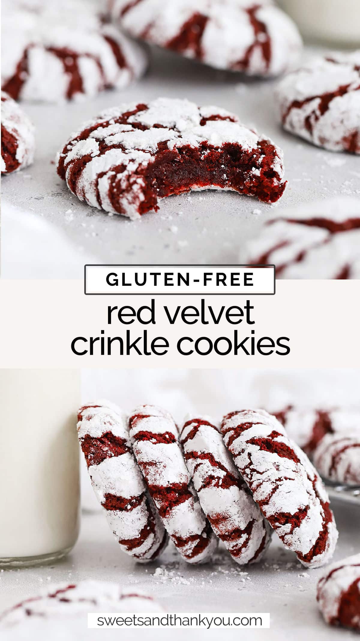 Our Gluten-Free Red Velvet Crinkle Cookies recipe is as yummy as it looks! Fudgy red velvet cookies rolled in powdered sugar for a pretty crackle effect. / gluten-free red velvet crinkles / gluten-free red velvet cookie recipe / gluten-free cookies / gluten free crinkle cookies / gluten free valentines cookies / gluten free holiday cookies / gluten-free christmas cookies / gluten-free cookie recipe