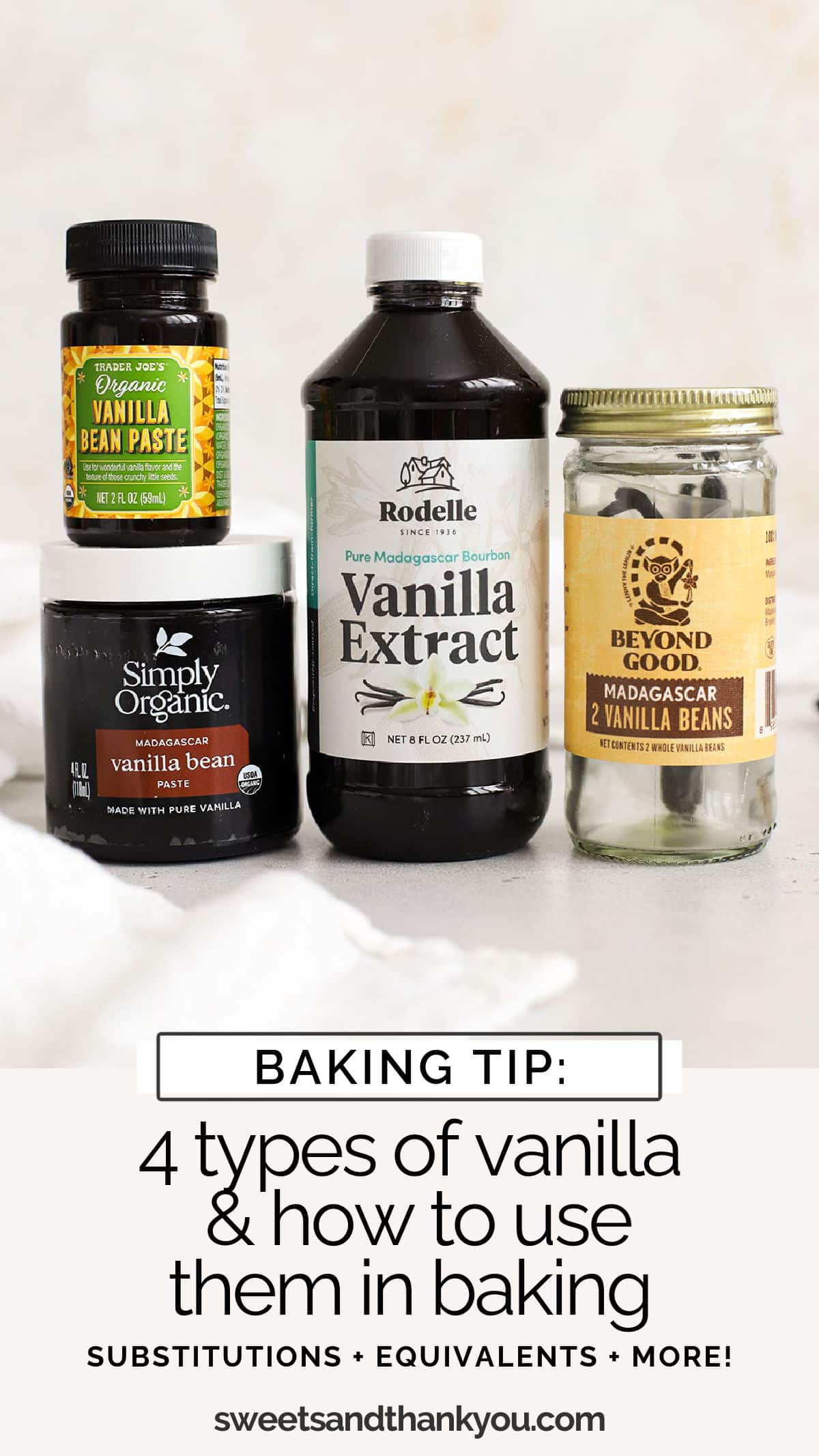 What are the different kinds of vanilla? We're breaking it all down! From vanilla extract, vanilla bean paste, vanilla beans, and more! / vanilla bean paste vs vanilla extract / vanilla equivalents / vanilla bean equivalent / how much vanilla extract to use per vanilla bean / what is vanilla bean paste / what is vanilla powder / vanilla extract vs vanilla flavor / how to use vanilla beans / how to use vanilla bean paste / how to use vanilla powder / types of vanilla