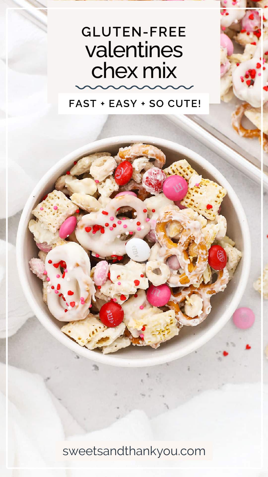 This crispy, crunchy Gluten-Free Valentines Chex Mix recipe is an easy Valentine's treat to share with friends! Don't miss our tips for making it extra pretty. Valentines snack mix / gluten free valentines treat / gluten free valentines snack / gluten free valentines dessert / gluten free valentines recipe / valentines day chex mix / valentines day recipes / gluten-free snack mix / no bake treat / no-bake valentines treat / no-bake valentines dessert