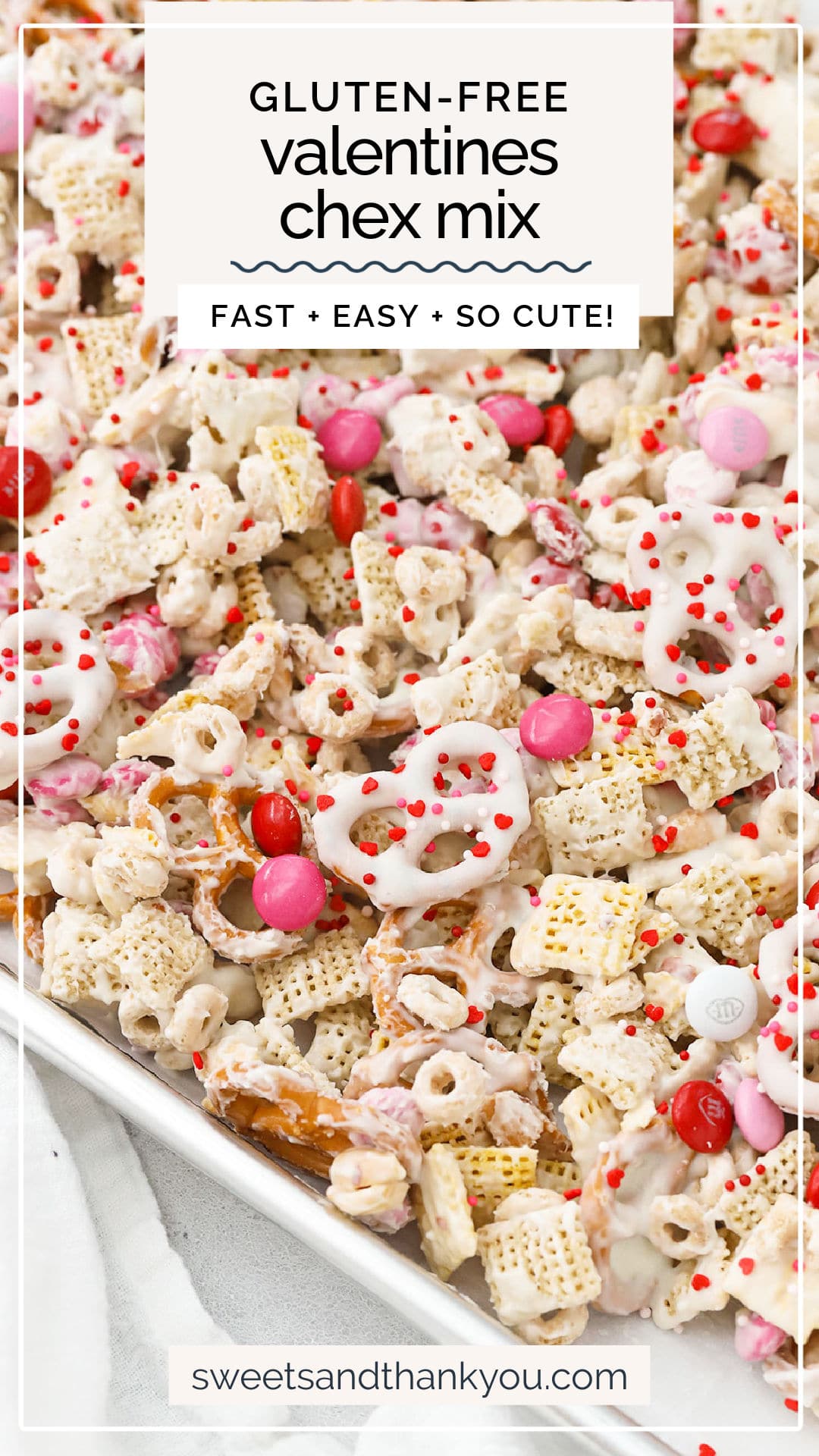 This crispy, crunchy Gluten-Free Valentines Chex Mix recipe is an easy Valentine's treat to share with friends! Don't miss our tips for making it extra pretty. Valentines snack mix / gluten free valentines treat / gluten free valentines snack / gluten free valentines dessert / gluten free valentines recipe / valentines day chex mix / valentines day recipes / gluten-free snack mix / no bake treat / no-bake valentines treat / no-bake valentines dessert