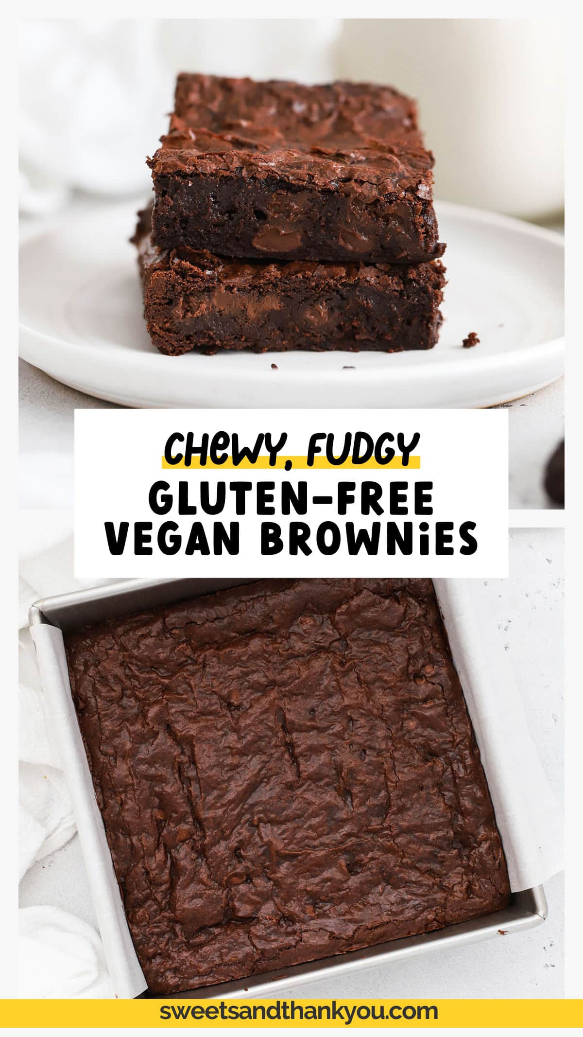 These Gluten-Free Vegan Brownies are fudgy, chocolatey, and have the fudgy centers and signature glossy top that you crave. What makes this recipe special is that our vegan brownies are made without flax eggs, aquafaba, chia eggs, or another weird egg substitutes. Instead, we rely on simple ingredients & a few brownie techniques that give you beautiful, fudgy results every time. Get the recipe & all our brownie baking tips at sweetsandthankyou.com