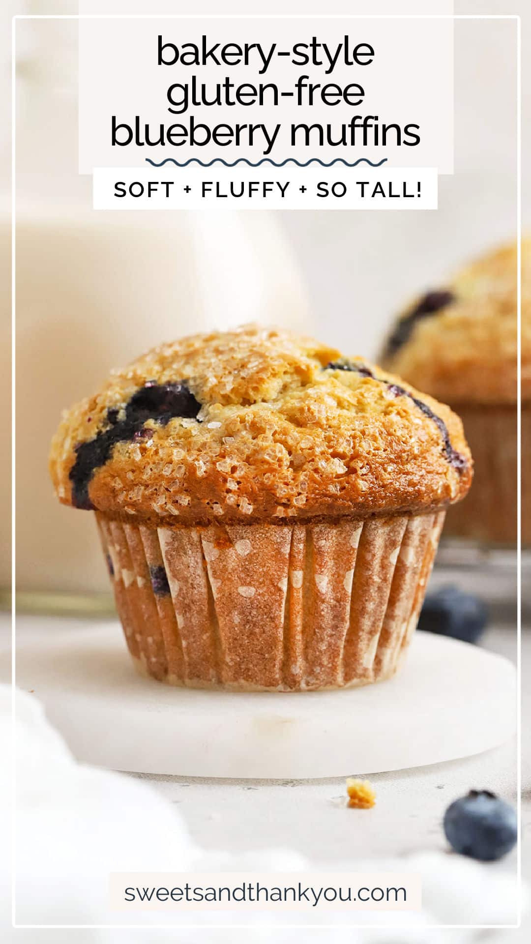 These bakery-style gluten-free blueberry muffins are light, fluffy, and packed with fresh blueberry flavor. They're perfect for a special breakfast or gluten-free brunch! / fluffy gluten-free blueberry muffins / easy gluten-free blueberry muffins / gluten-free blueberry muffin recipe / gluten-free muffin recipe / gluten-free sour cream blueberry muffins / gluten-free brunch recipe / gluten-free muffins