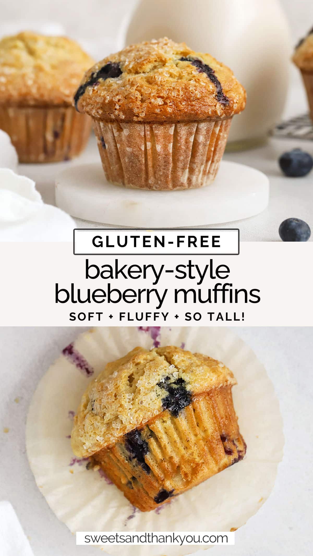 These bakery-style gluten-free blueberry muffins are light, fluffy, and packed with fresh blueberry flavor. They're perfect for a special breakfast or gluten-free brunch! / fluffy gluten-free blueberry muffins / easy gluten-free blueberry muffins / gluten-free blueberry muffin recipe / gluten-free muffin recipe / gluten-free sour cream blueberry muffins / gluten-free brunch recipe / gluten-free muffins