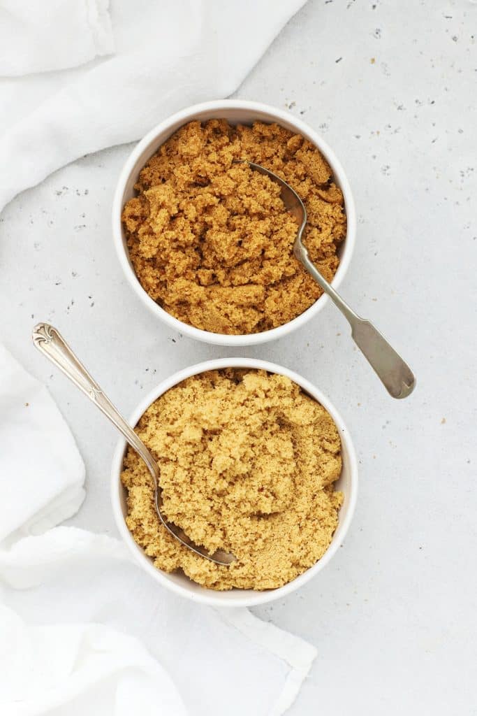 overhead view of homemade light brown sugar and dark brown sugar in bowls