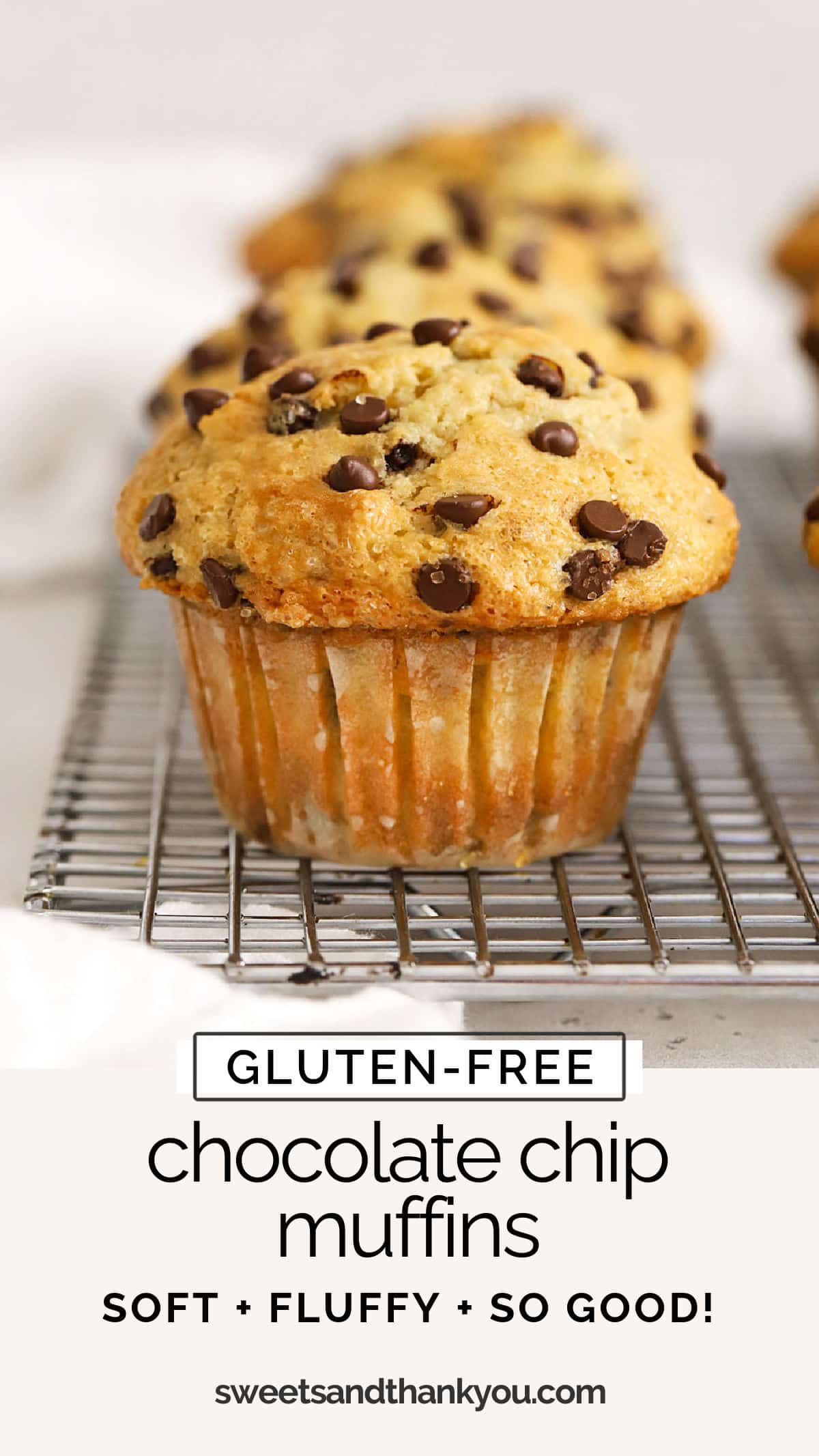 These bakery-style gluten-free chocolate chip muffins are light, fluffy, and packed with mini chocolate chips. They're a perfect brunch favorite! / gluten-free muffins recipe / gluten-free muffin recipe / gluten-free brunch / gluten-free breakfast / gluten-free chocolate chip muffin recipe / gluten-free bakery muffins / gluten-free bakery style muffins / easy gluten-free muffins / gluten-free muffins with chocolate chips /