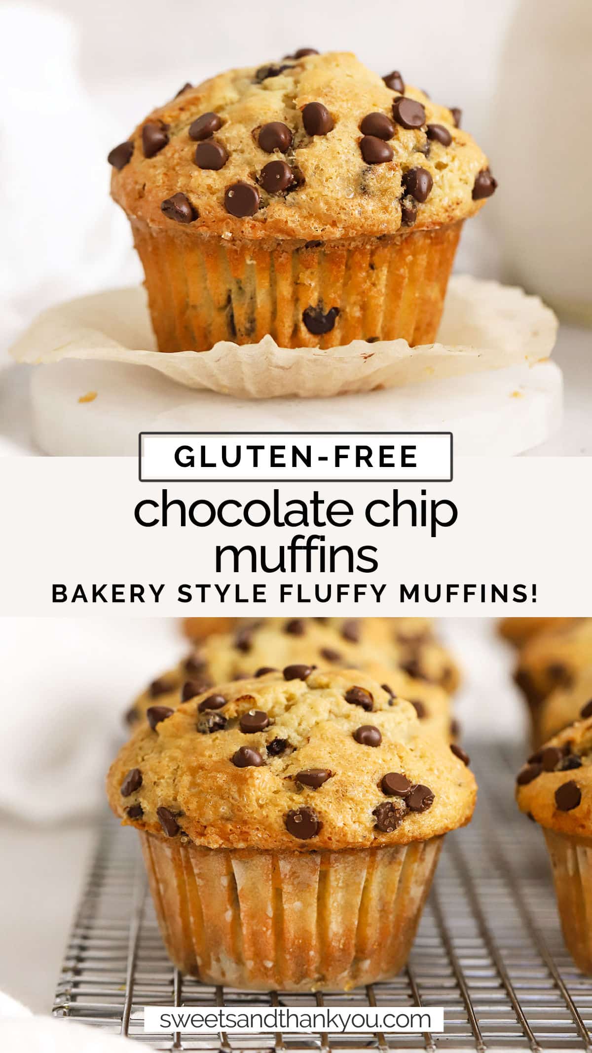 These bakery-style gluten-free chocolate chip muffins are light, fluffy, and packed with mini chocolate chips. They're a perfect brunch favorite! / gluten-free muffins recipe / gluten-free muffin recipe / gluten-free brunch / gluten-free breakfast / gluten-free chocolate chip muffin recipe / gluten-free bakery muffins / gluten-free bakery style muffins / easy gluten-free muffins / gluten-free muffins with chocolate chips /