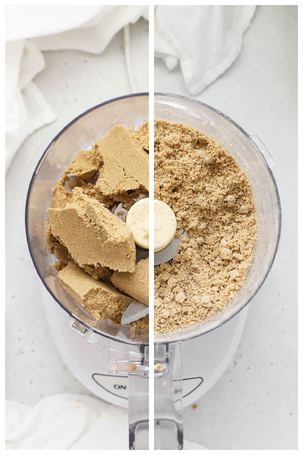 A before and after comparison of softening brown sugar with a food processor