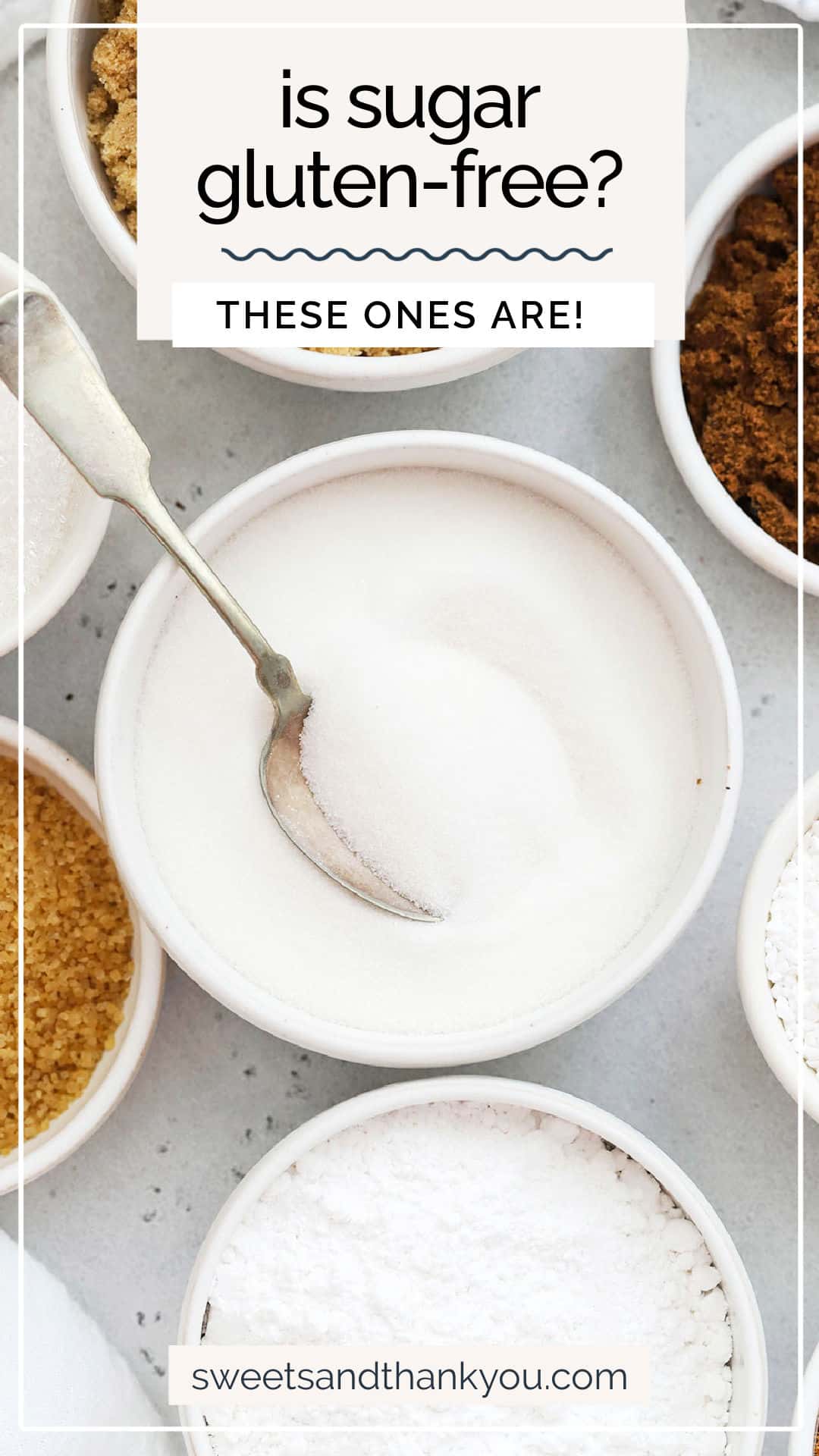 Ever wondered if sugar is gluten-free? We're breaking it all down, from types of sugar, to which brands are gluten-free and more! / brands of gluten free sugar / gluten free brands of sugar / is brown sugar gluten free / is powdered sugar gluten free / are sugar cubes gluten free / what kinds of sugar are gluten free / is all sugar gluten free / where to buy gluten free sugar