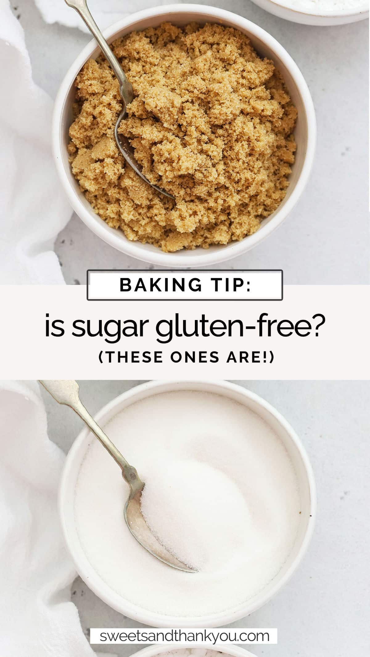 Ever wondered if sugar is gluten-free? We're breaking it all down, from types of sugar, to which brands are gluten-free and more! / brands of gluten free sugar / gluten free brands of sugar / is brown sugar gluten free / is powdered sugar gluten free / are sugar cubes gluten free / what kinds of sugar are gluten free / is all sugar gluten free / where to buy gluten free sugar