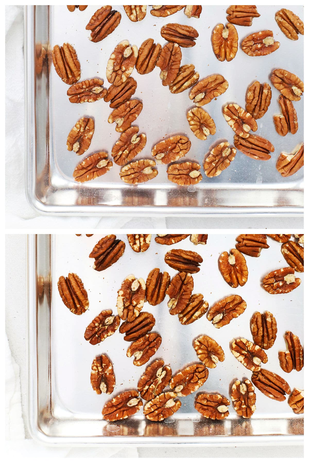 Pecans on a sheet pan before and after toasting