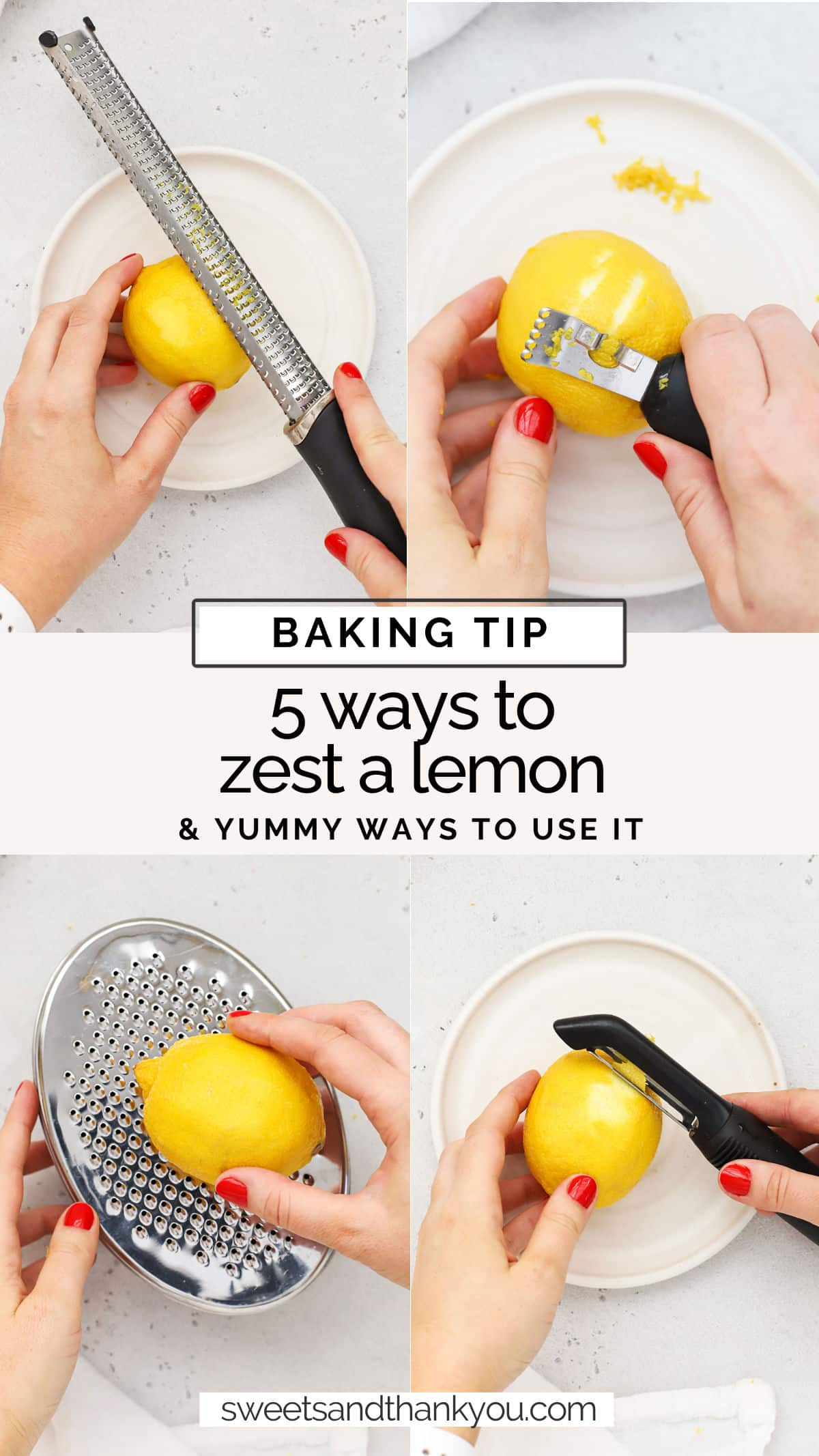 Need a little lemon zest for a recipe? We'll teach you everything you need to know about how to zest a lemon!  Learn how to zest a lemon 5 ways to add a lovely lemon twist to your next recipe! / how to zest a lemon without a microplane / how to zest a lemon with a box grater / how to zest a lemon with a knife / how to zest a lemon with a vegetable peeler / how much zest is in a lemon / how much lemon zest from one lemon / can you freeze lemon zest / what part of the lemon is the zest