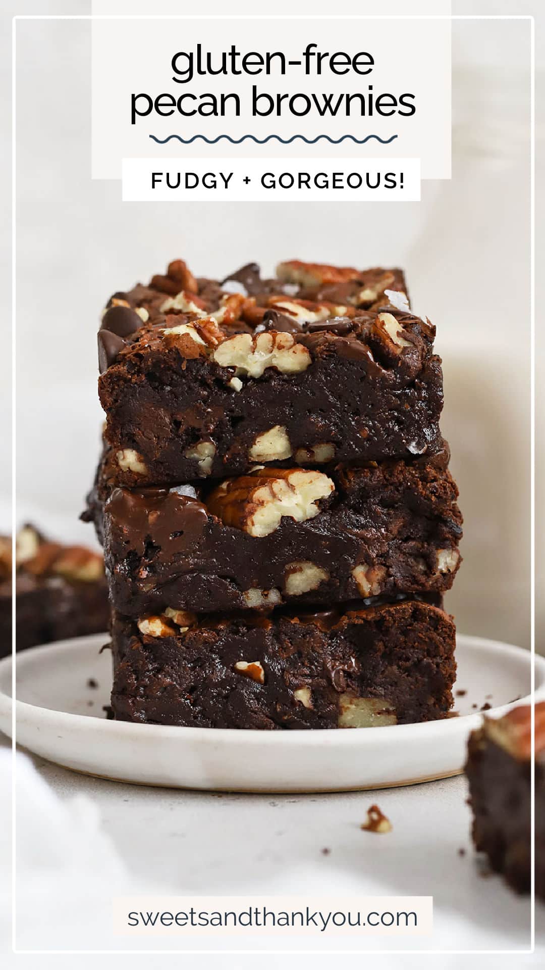 Our Fudgy gluten-free pecan brownies recipe has the most incredible texture and flavor, thanks to brown butter, toasted pecans, and plenty of chocolate! / gluten-free brownie recipe with pecans / gluten-free pecan brownie recipe / gluten-free brownies with pecans / gluten-free brownies with nuts / gluten-free dessert recipe / easy gluten-free brownies 