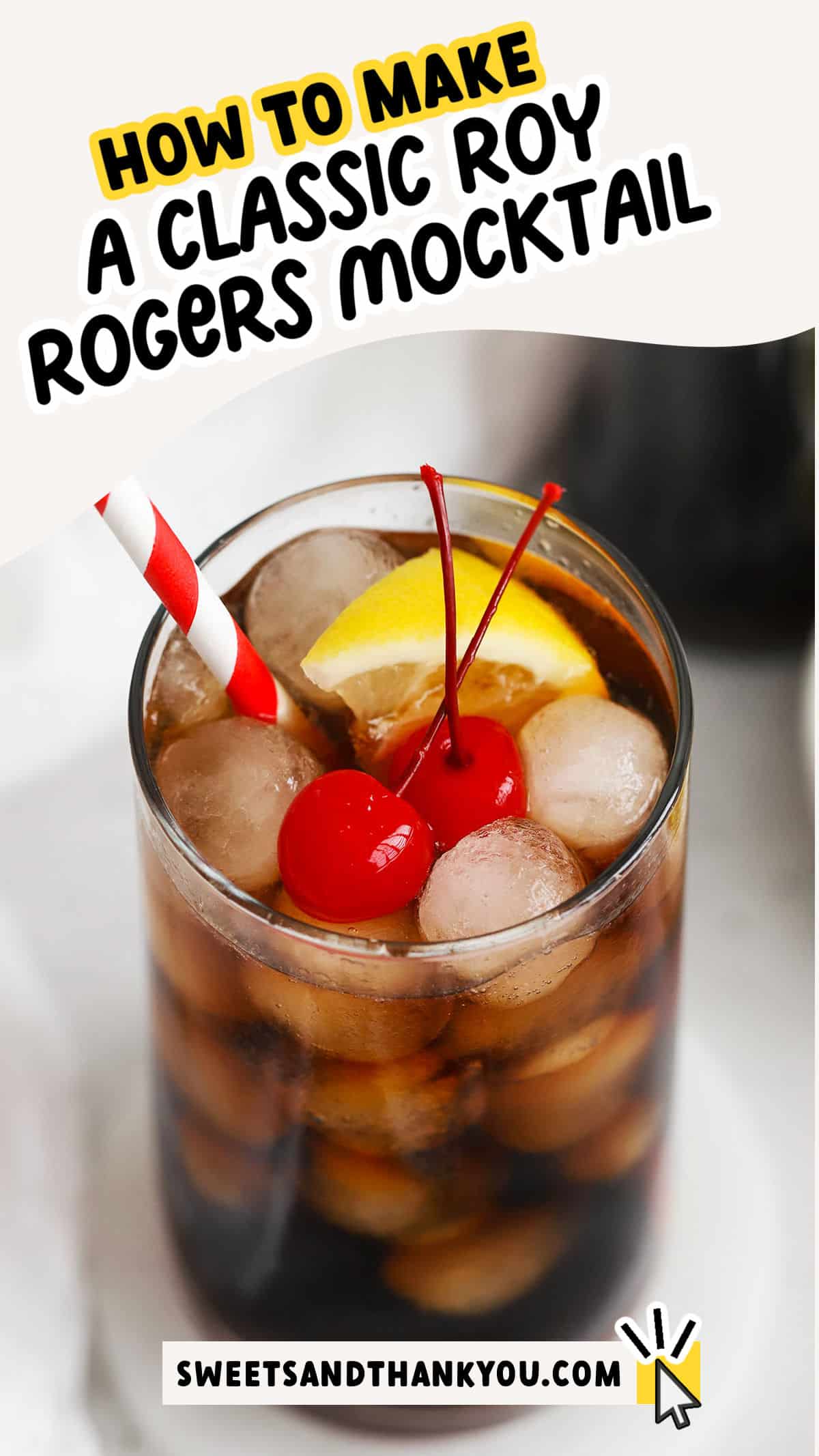 Learn how to make a Roy Rogers drink! This classic mocktail recipe is made with just 2-3 ingredients and makes a fun addition to parties and celebrations. While the basic recipe for this cola mocktail might be a famous kids mocktail recipe, we've also got a delicious lower sugar twist that's perfect for grown-ups. Get the recipe + more tips and classic mocktail recipes to try at sweetsandthankyou.com