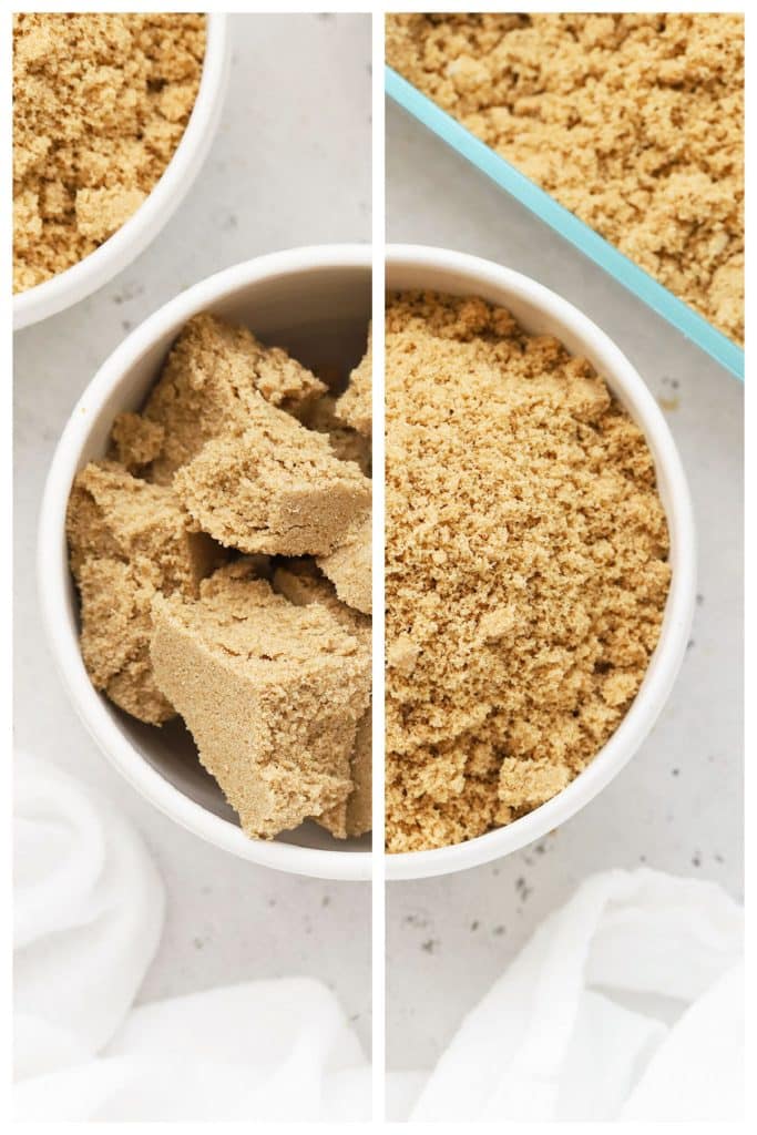 a before and after comparison of hard brown sugar and softened brown sugar