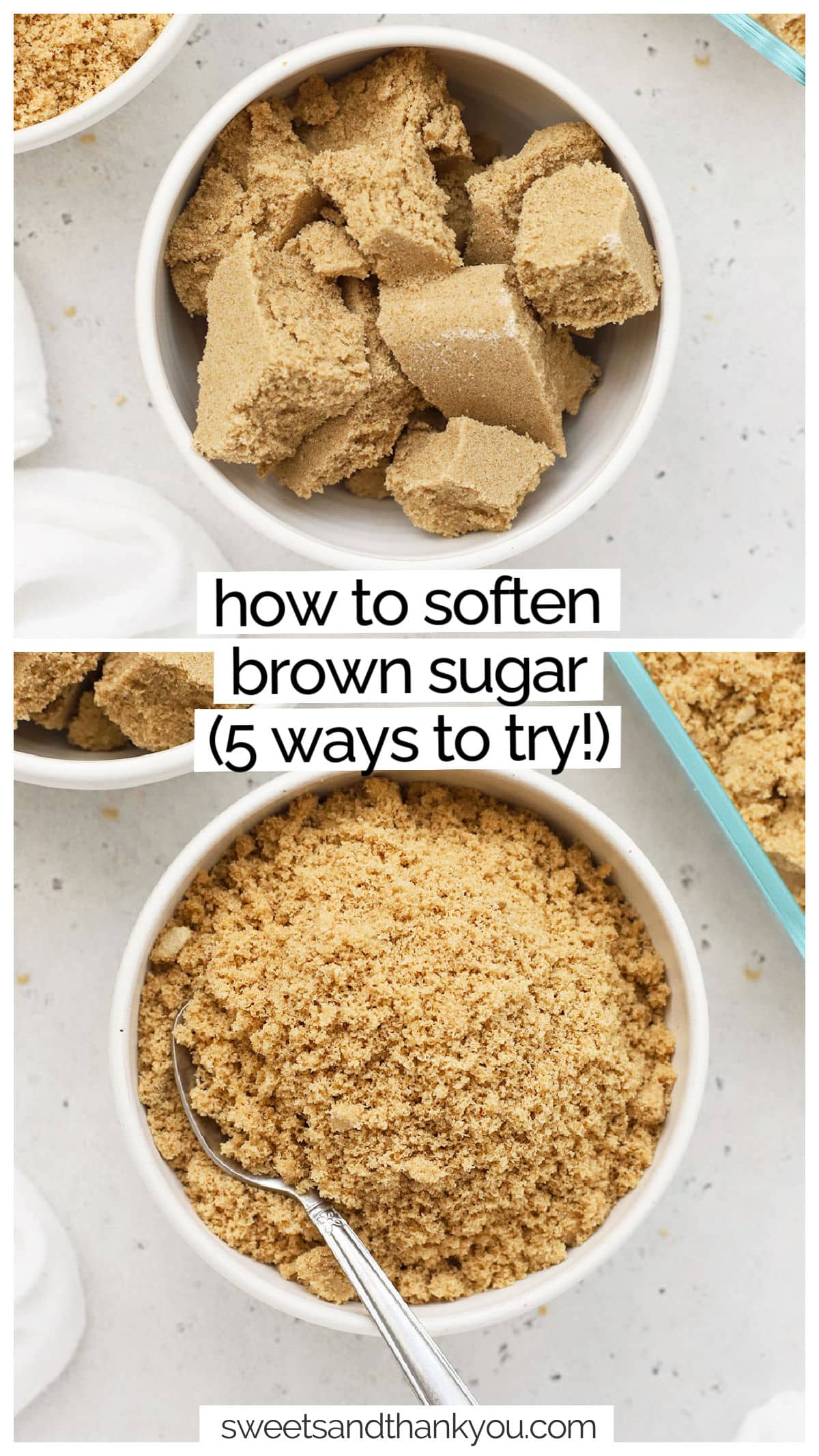 How Do You Soften Hard Brown Sugar? We've got 5 of the BEST ways to soften brown sugar for baking + how to keep it soft (#3 is my favorite!) We've got all the tips and tricks for softening brown sugar!  We'll show you how to soften brown sugar in the microwave or oven, how to soften it with a piece of bread (really!), and how to keep brown sugar soft. 