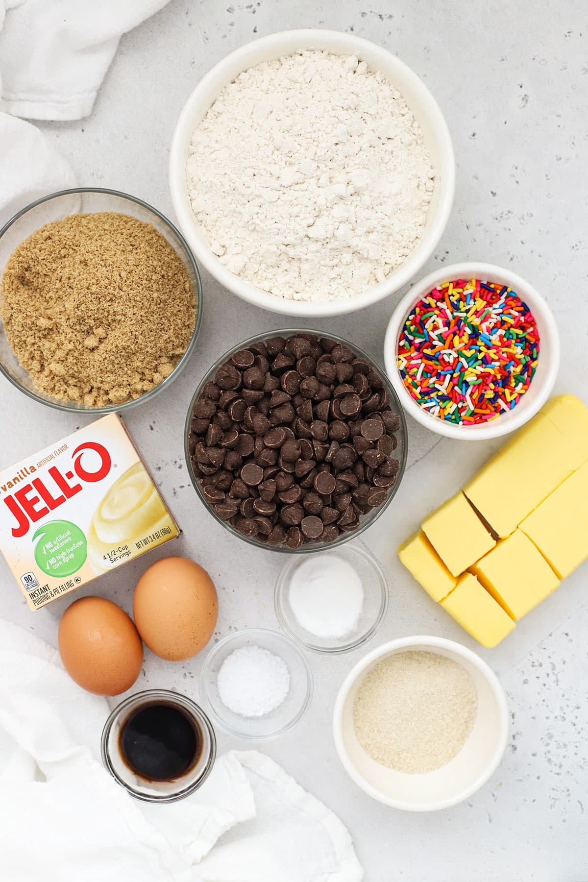 Ingredients for gluten-free sprinkle chocolate chip cookies
