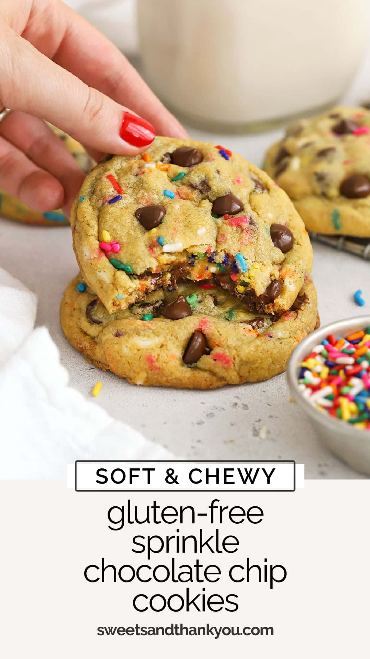These gluten-free sprinkle chocolate chip cookies are SO MUCH FUN to make and eat! These classic gluten-free chocolate chip cookies with sprinkles add a fun touch to any celebration! / gluten-free birthday cake chocolate chip cookies recipe / gluten-free funfetti chocolate chip cookies recipe / gluten-free chocolate chip cookies recipe / gluten-free cookies with sprinkles / 