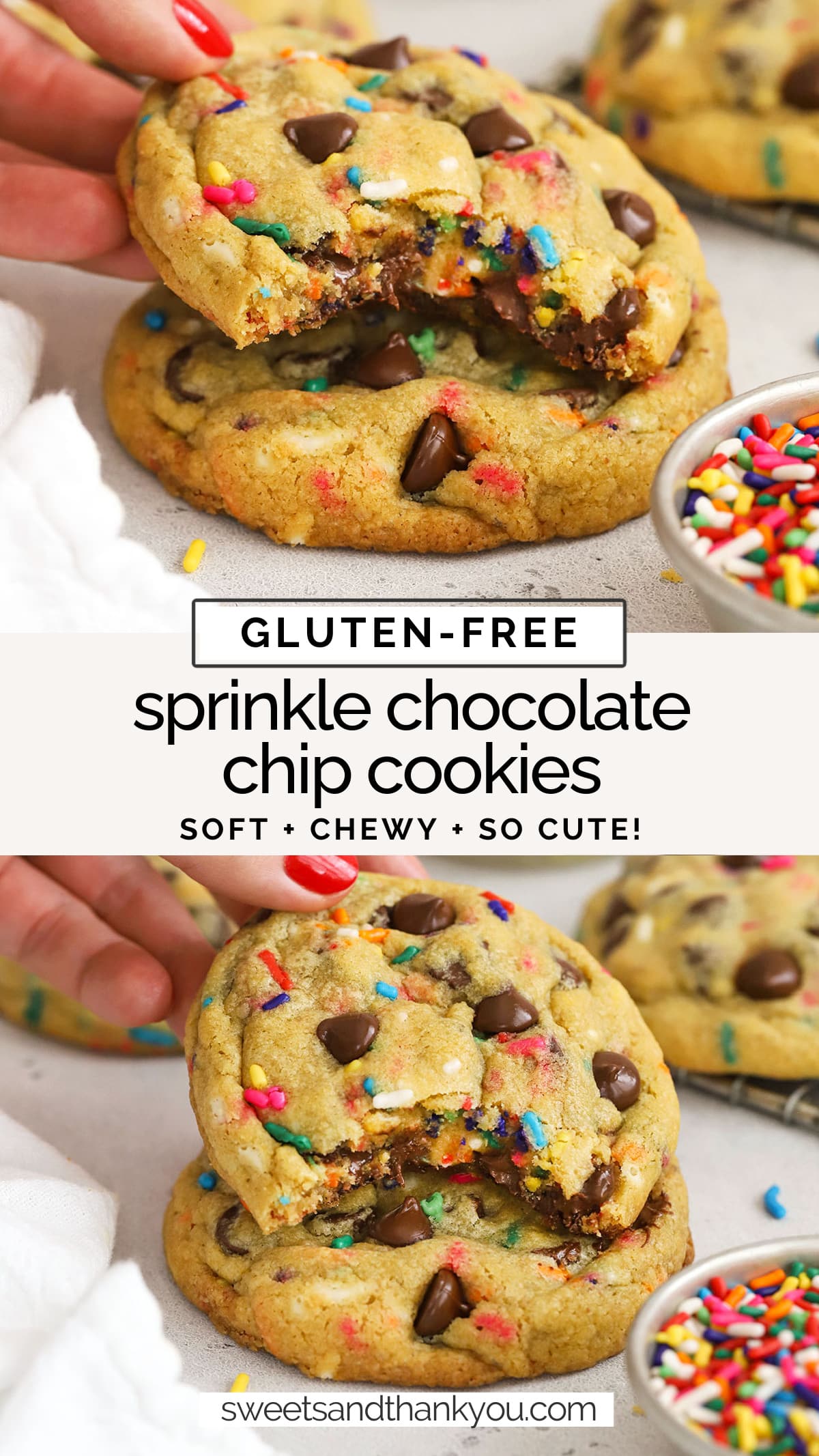These gluten-free sprinkle chocolate chip cookies are SO MUCH FUN to make and eat! These classic gluten-free chocolate chip cookies with sprinkles add a fun touch to any celebration! / gluten-free birthday cake chocolate chip cookies recipe / gluten-free funfetti chocolate chip cookies recipe / gluten-free chocolate chip cookies recipe / gluten-free cookies with sprinkles / 