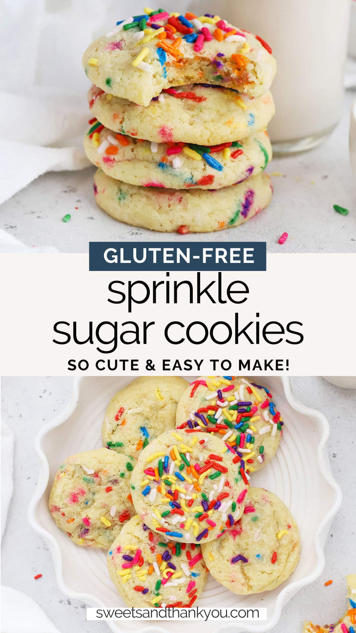 Gluten-Free Sprinkle Sugar Cookies - Soft gluten-free sugar cookies with sprinkles are so cute! They're perfect for celebrating holidays, birthdays, and special occasions. // Gluten-Free Sprinkle Cookies // Gluten-Free Funfetti Cookies // Gluten-Free Confetti Cookies // Gluten-Free Holiday Sprinkle Cookies // Holiday Sprinkle Sugar Cookies // gluten-free christmas cookies // gluten-free halloween cookies // gluten-free holiday cookies // gluten-free valentine's day cookies