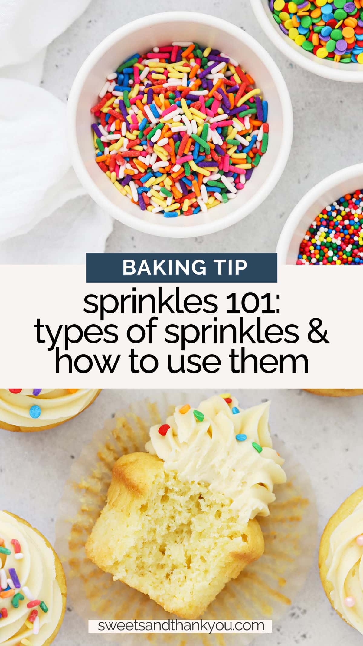 Sprinkles 101 - I'm taking you to sprinkle school today! We'll learn what the different kinds of sprinkles are, how to use them & more! // Types of Sprinkles // Funfetti Sprinkles // Cake Decorating Tips // Cookie Decorating Tips // Gluten Free Baking // Baking Tips // Sweets And Thank You Baking Tips // What Sprinkles Do You Use For Funfetti Cake // Cookie Decorating // Cake Decorating // Gluten Free Sprinkles // What Sprinkles Are Gluten Free