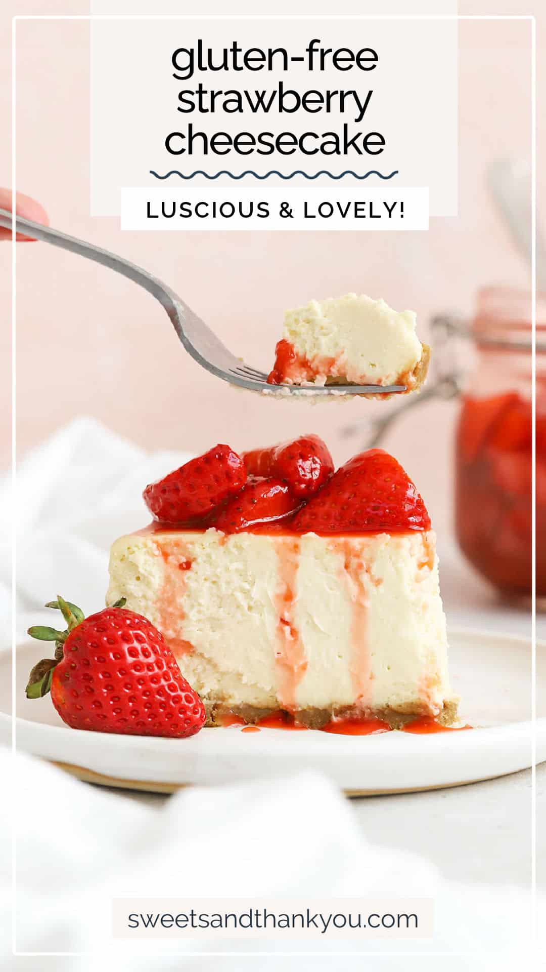 Our Gluten-Free Strawberry Cheesecake recipe is a total showstopper! Luscious glute-free cheesecake with fresh strawberry topping. It's as yummy as it looks! / strawberry cheesecake / gluten-free cheesecake recipe / strawberry topping for cheesecake / gluten-free cheesecake with strawberry sauce / 