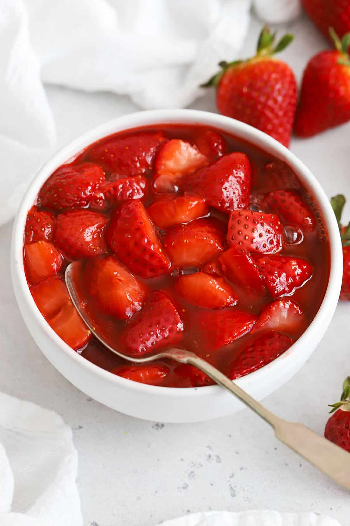 strawberry sauce in a white bowl