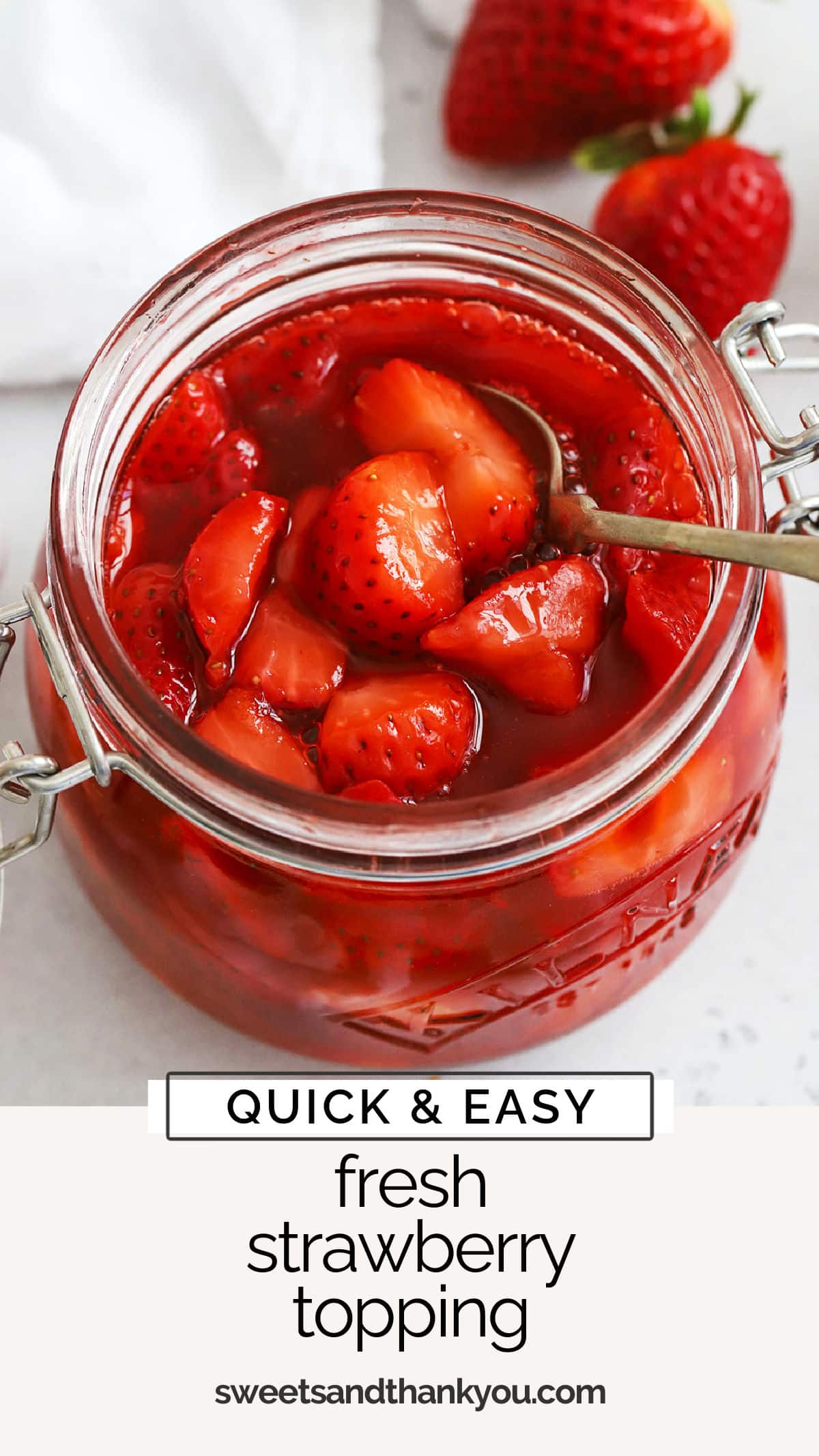 This quick & easy strawberry topping recipe is the perfect sauce for cheesecake, ice cream, waffles, strawberry shortcake, and more! / easy strawberry sauce for cheesecake / strawberry sauce for ice cream / easy strawberry topping for cheesecake / strawberry topping for angel food cake / smooth strawberry sauce recipe / how to make strawberry sauce / 