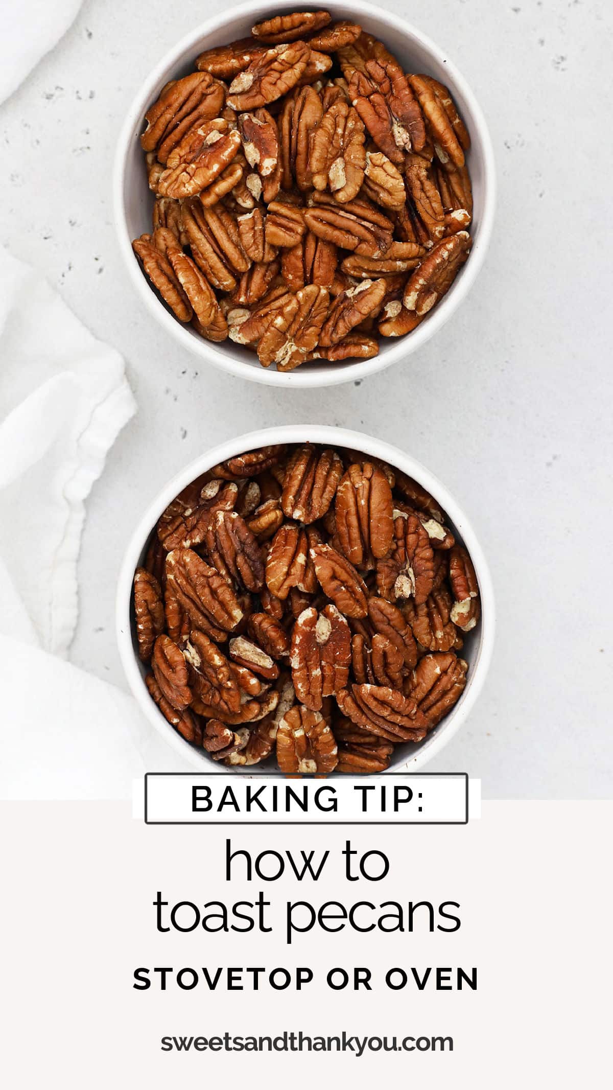 Wondering how to toast pecans? We'll walk you through 2 ways! Learn how to toast pecans in the oven or on the stovetop in this easy tutorial. / how to toast pecans oven directions / how to toast pecans on the stove / how to roast pecans / how long to toast pecans / how to toast pecans in a pan / how to make toasted pecans / baking tips / 