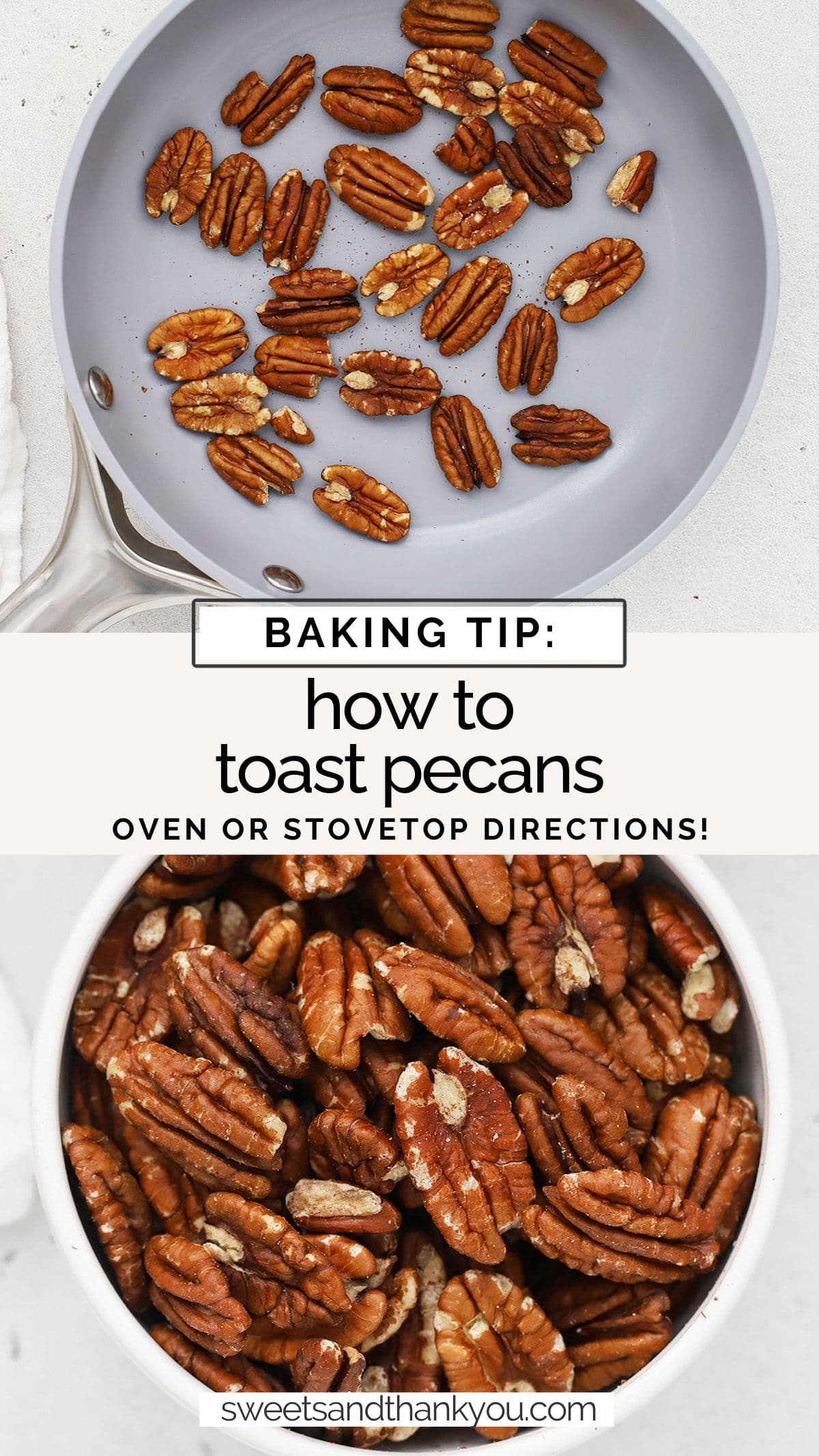 Wondering how to toast pecans? We'll walk you through 2 ways! Learn how to toast pecans in the oven or on the stovetop in this easy tutorial. / how to toast pecans oven directions / how to toast pecans on the stove / how to roast pecans / how long to toast pecans / how to toast pecans in a pan / how to make toasted pecans / baking tips / 