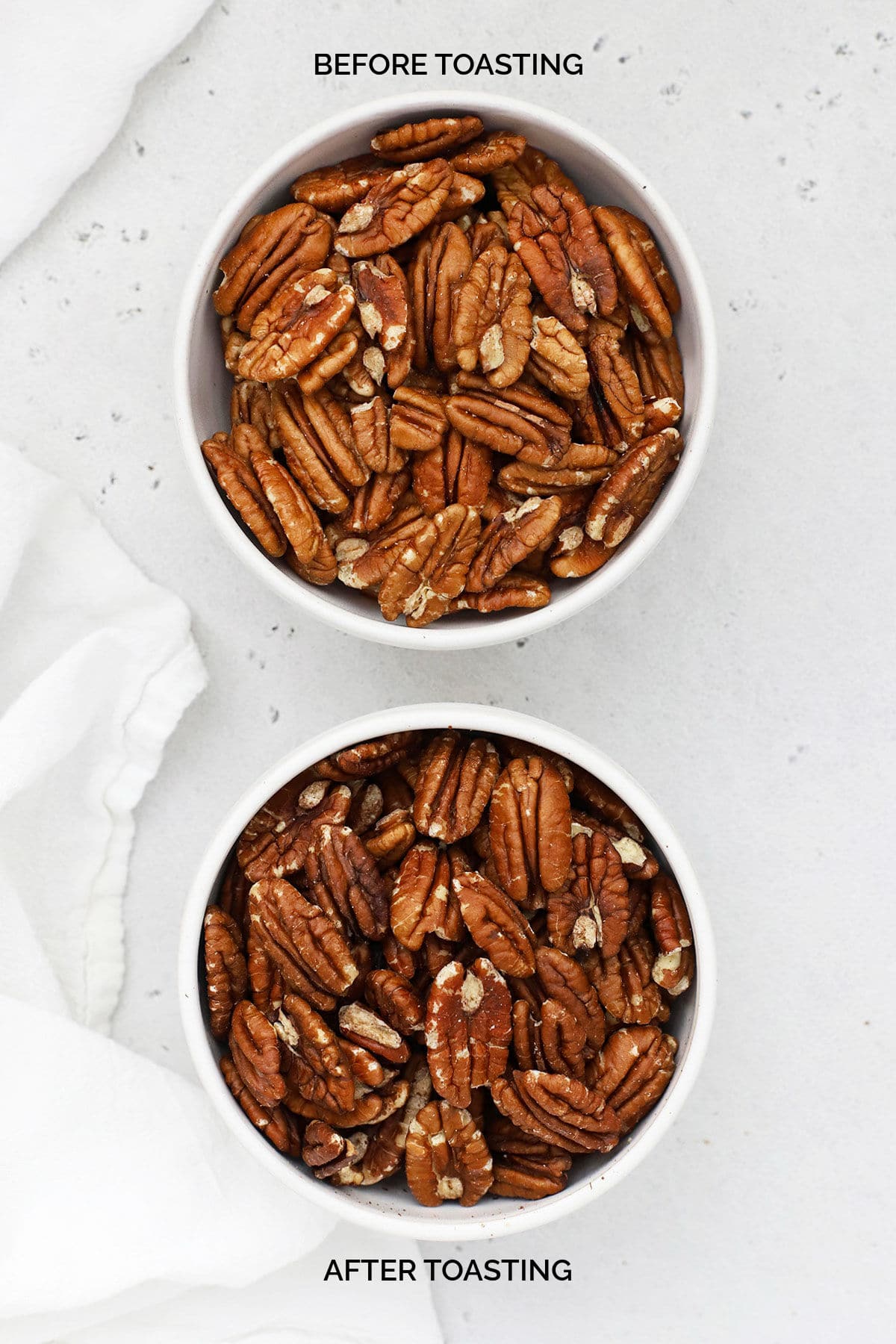 One bowl of raw pecans and one bowl of toasted pecans