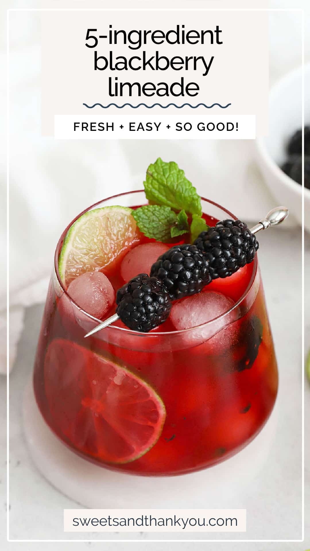 Our easy Blackberry Limeade recipe is the perfect drink to cool off with. You only need 5 ingredients to get started! / blackberry lemonade / homemade blackberry limeade / summer drink / blackberry mocktail / blackberry mojito mocktail / virgin blackberry mojito / 5 ingredient blackberry limeade / berry limeade / spring drink / summer mocktail recipe / blackberry drinks / blackberry recipe / blackberry mocktail recipe /
