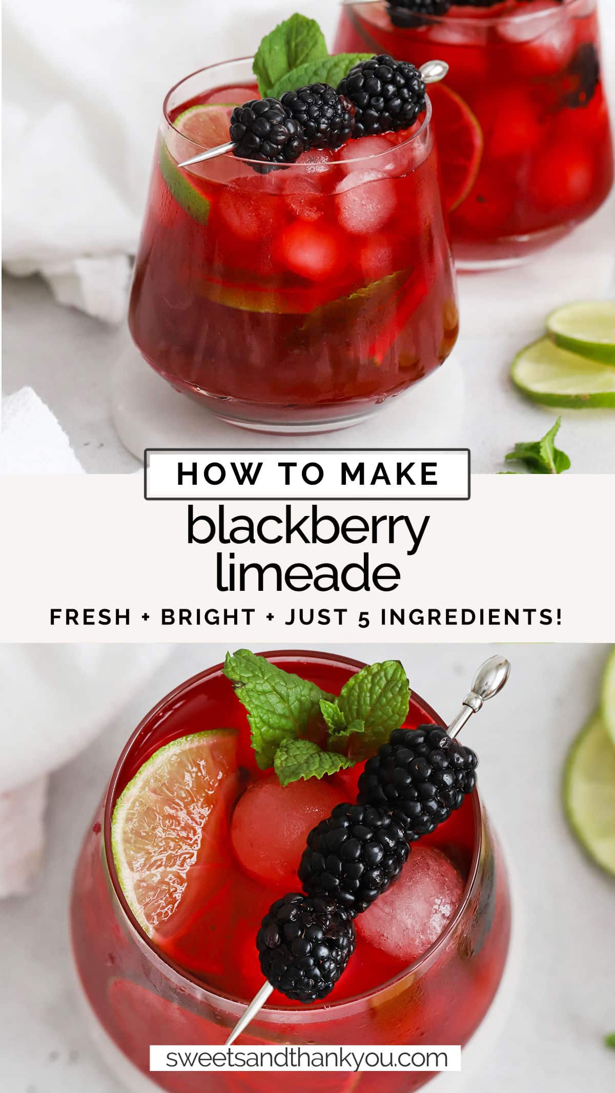 Our easy Blackberry Limeade recipe is the perfect drink to cool off with. You only need 5 ingredients to get started! / blackberry lemonade / homemade blackberry limeade / summer drink / blackberry mocktail / blackberry mojito mocktail / virgin blackberry mojito / 5 ingredient blackberry limeade / berry limeade / spring drink / summer mocktail recipe / blackberry drinks / blackberry recipe / blackberry mocktail recipe /