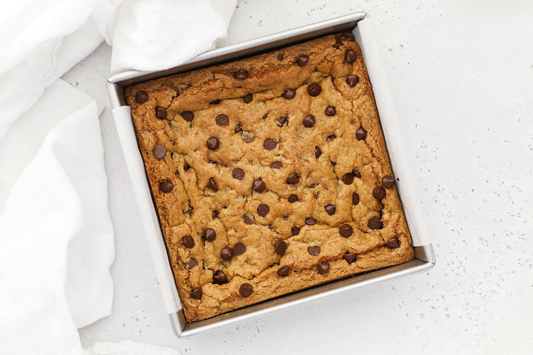 a pan of gluten-free chocolate chip cookie bars