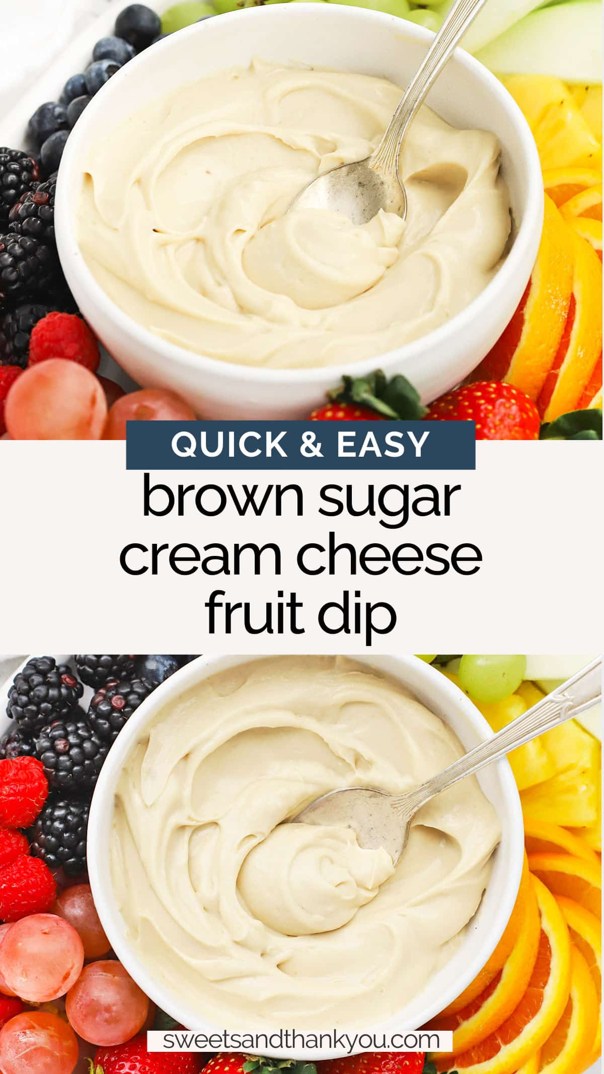 Brown Sugar Cream Cheese Fruit Dip - This easy brown sugar fruit dip recipe only takes 5 ingredients and less than 5 minutes to make. It makes every occasion a little more delicious! // Cream Cheese Fruit Dip Recipe // brown sugar dip // caramel cream cheese fruit dip // party fruit dip // fruit tray // gluten free fruit dip // fruit dip without yogurt // fruit dip without sour cream // caramel brown sugar fruit dip // Sweets & Thank You recipes