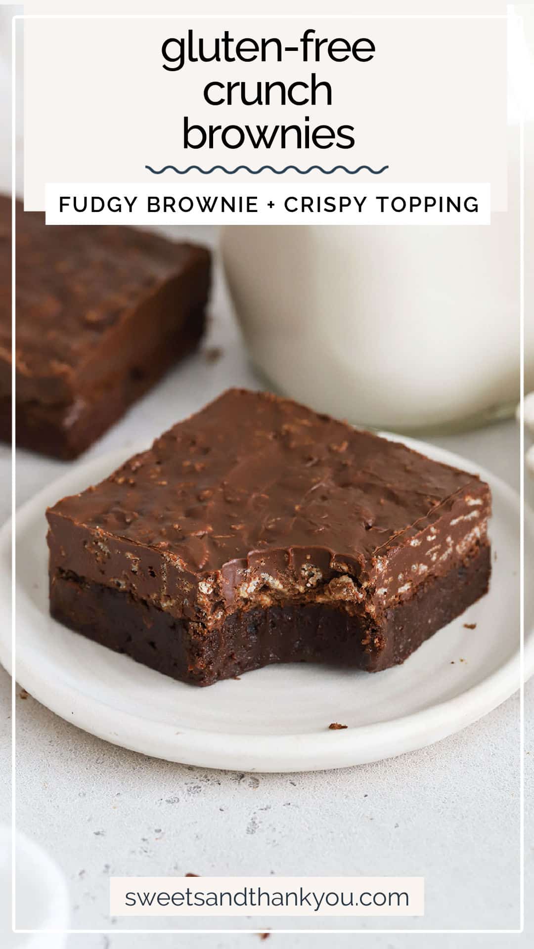 Made with fudgy gluten-free brownies and a chocolate crisp topping, these gluten-free crunch brownies taste like the classic candy bar! / gluten free crunch bar brownies / gluten free chocolate crunch brownies / gluten free rice krispie brownies / gluten free brownies with crunch bar topping / gluten free brownies with chocolate crunch topping / gluten free candy bar brownies