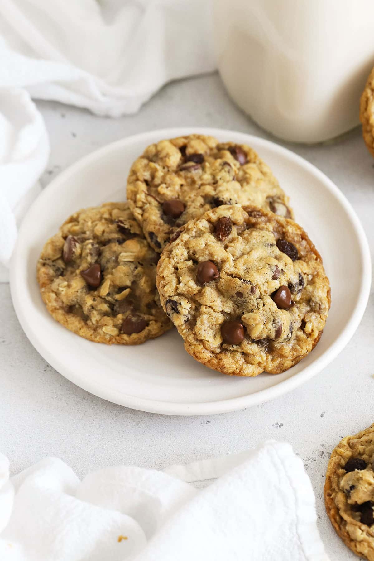 Gluten-free oatmeal raisin cookies on a white plate
