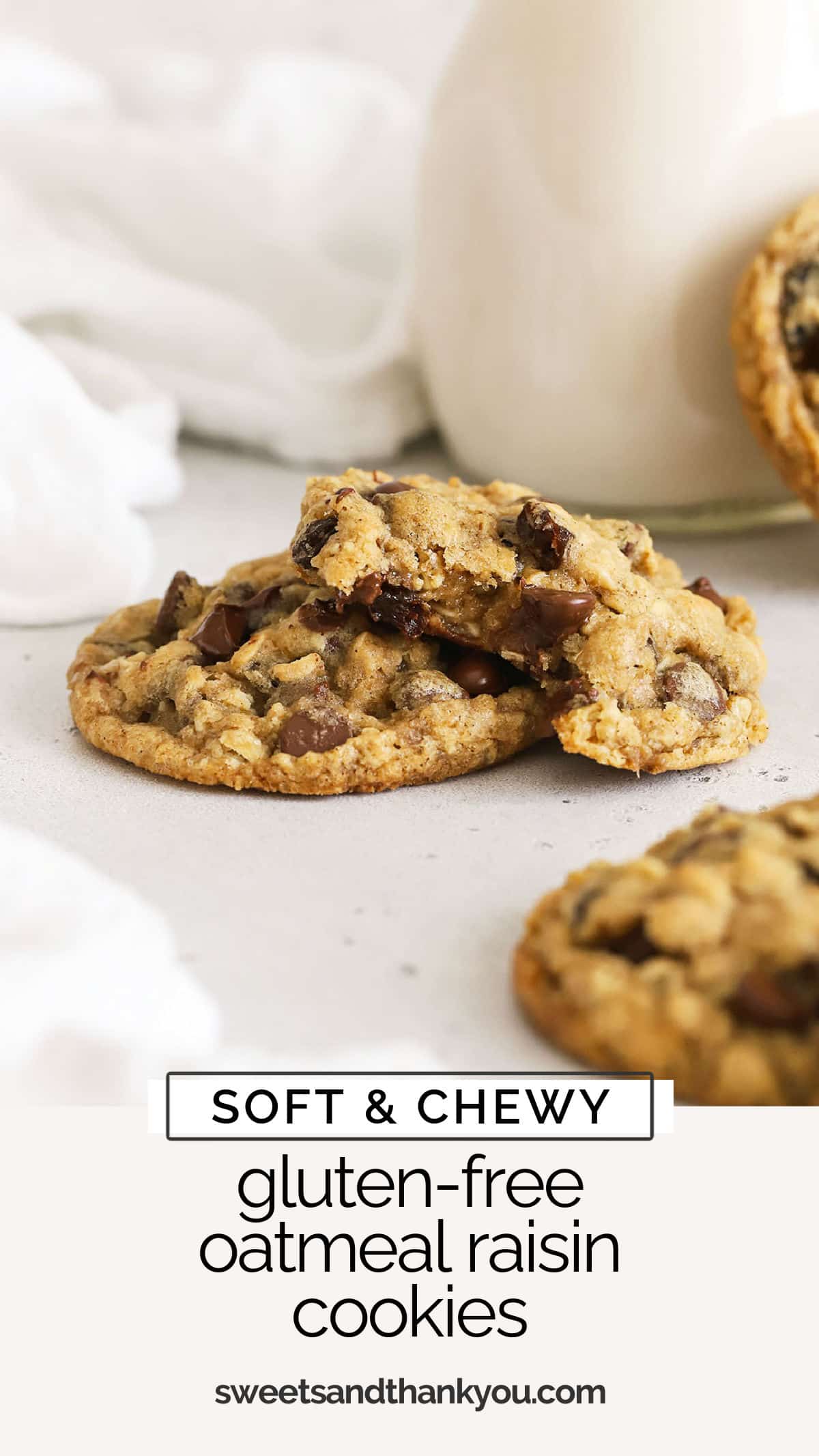 This soft, chewy gluten-free oatmeal raisin cookies recipe is the perfect one to satisfy your nostalgic cookie craving! Loaded with oats, raisins, cinnamon, and even some chocolate, it's easy, delicious, and classic! / gluten-free oatmeal raisin chocolate chip cookies / gluten-free oatmeal cookies / gluten-free cookie recipe / 