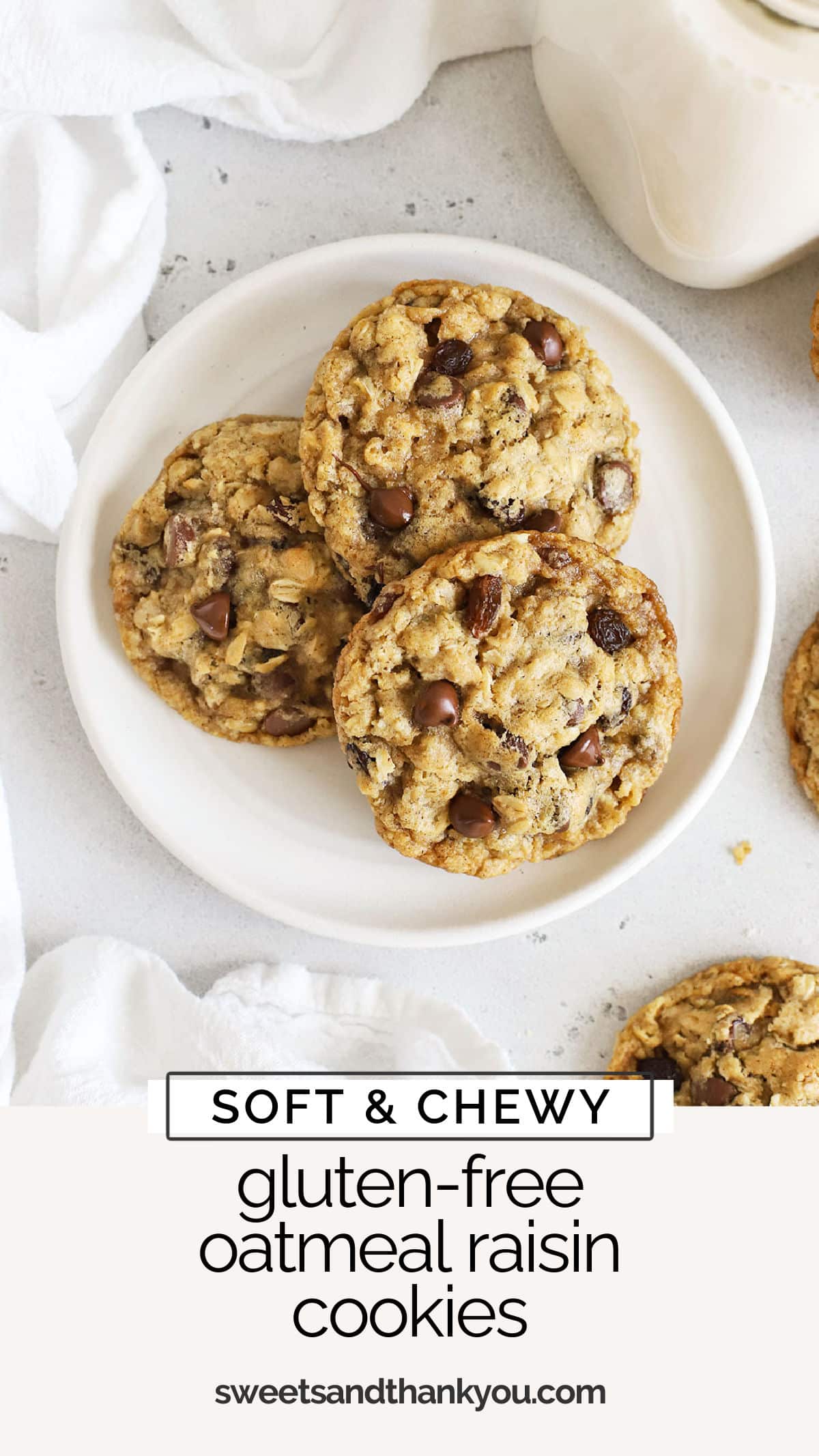 This soft, chewy gluten-free oatmeal raisin cookies recipe is the perfect one to satisfy your nostalgic cookie craving! Loaded with oats, raisins, cinnamon, and even some chocolate, it's easy, delicious, and classic! / gluten-free oatmeal raisin chocolate chip cookies / gluten-free oatmeal cookies / gluten-free cookie recipe / 