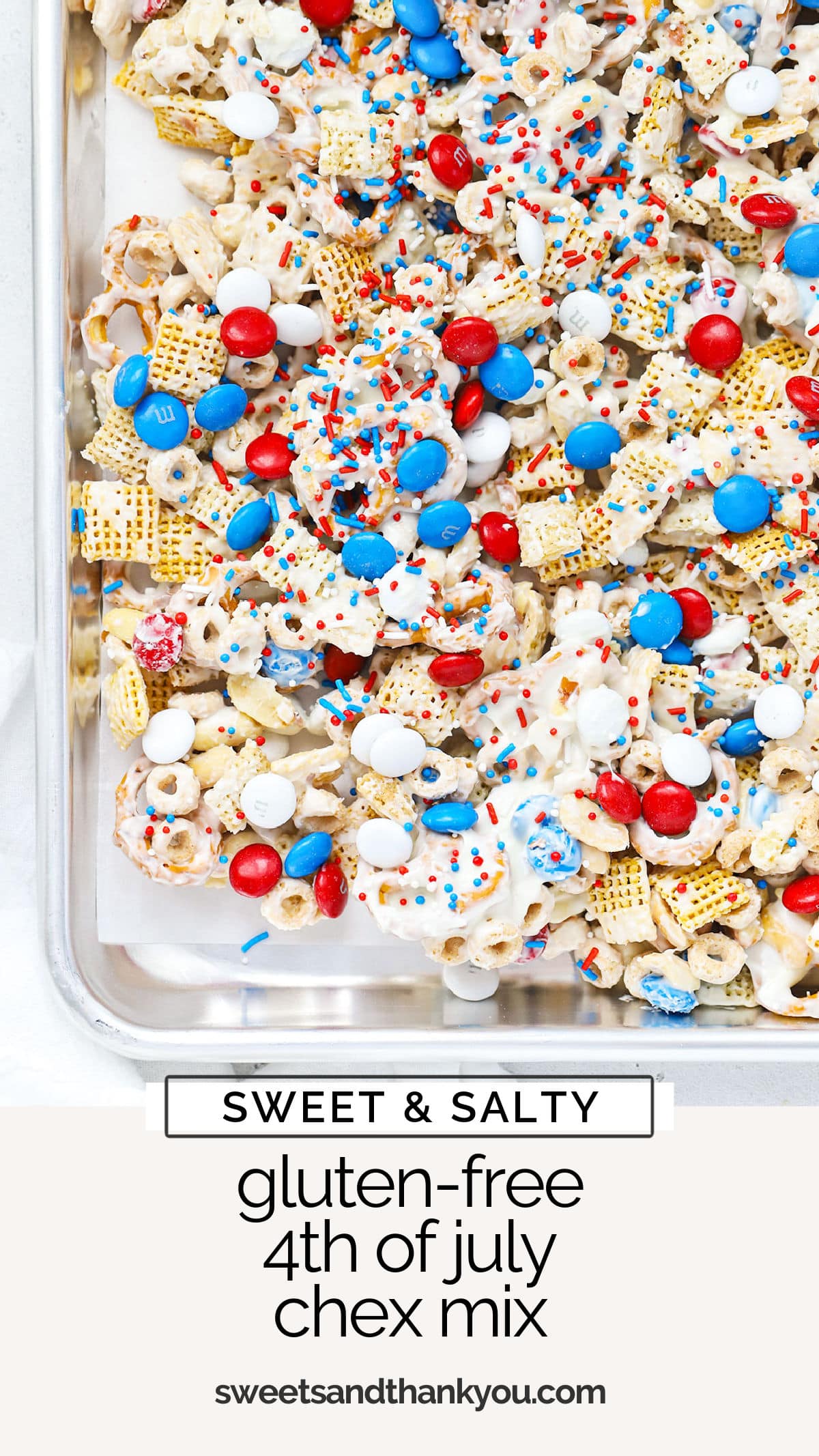 This crispy, crunchy Gluten-Free 4th of July Chex Mix recipe is an easy red, white, and blue treat for summer. Try it for summer BBQs, game or movie nights, pool parties & more! / red white blue chex / red white and blue chex mix / red white and blue snack mix / gluten free 4th of july snack mix / gluten free 4th of july dessert / gluten free no bake dessert / patriotic snack mix / patriotic chex mix / summer snack mix / summer dessert