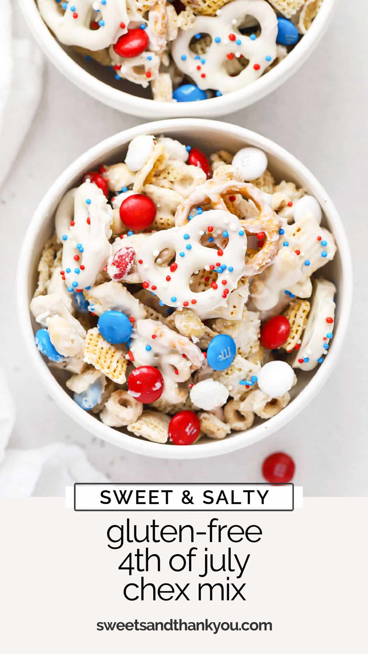 This crispy, crunchy Gluten-Free 4th of July Chex Mix recipe is an easy red, white, and blue treat for summer. Try it for summer BBQs, game or movie nights, pool parties & more! / red white blue chex / red white and blue chex mix / red white and blue snack mix / gluten free 4th of july snack mix / gluten free 4th of july dessert / gluten free no bake dessert / patriotic snack mix / patriotic chex mix / summer snack mix / summer dessert