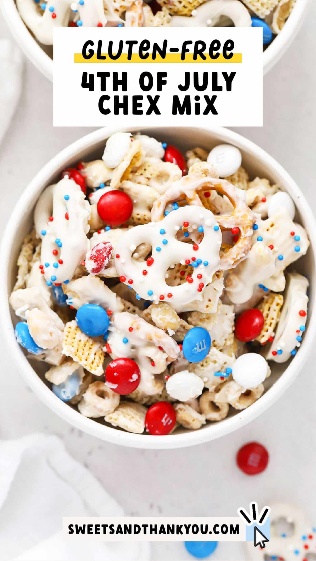 Crispy, crunchy Gluten-Free 4th of July Chex Mix is an easy red, white, and blue treat. You'll love this patriotic 4th of july snack mix, perfect for summer BBQs, game nights, movie nights, pool parties & more! You don't even have to turn on the oven to make this no bake dessert! Get the recipe and more summer dessert recipes to try at sweetsandthankyou.com