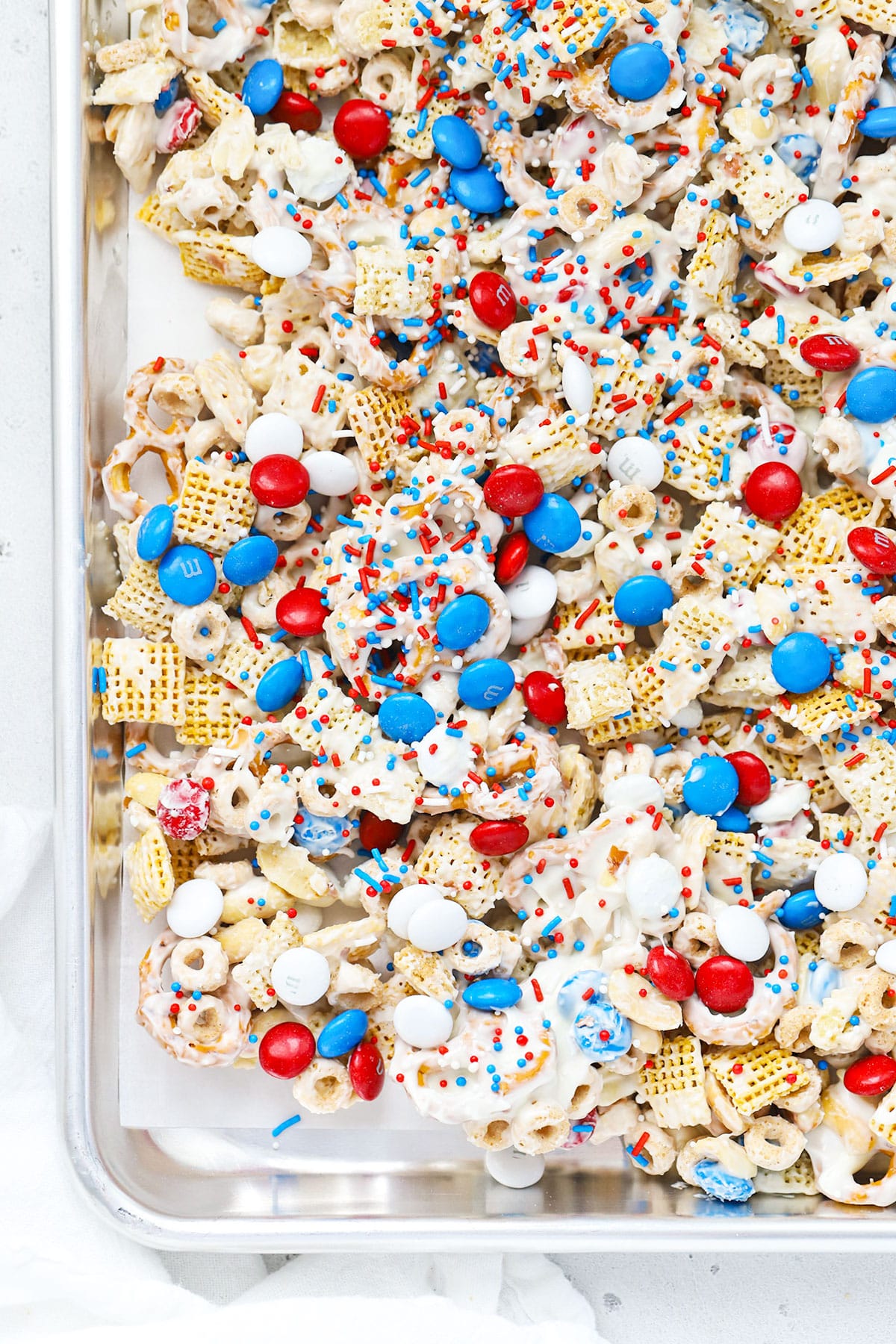 a pan of red, white and blue snack mix