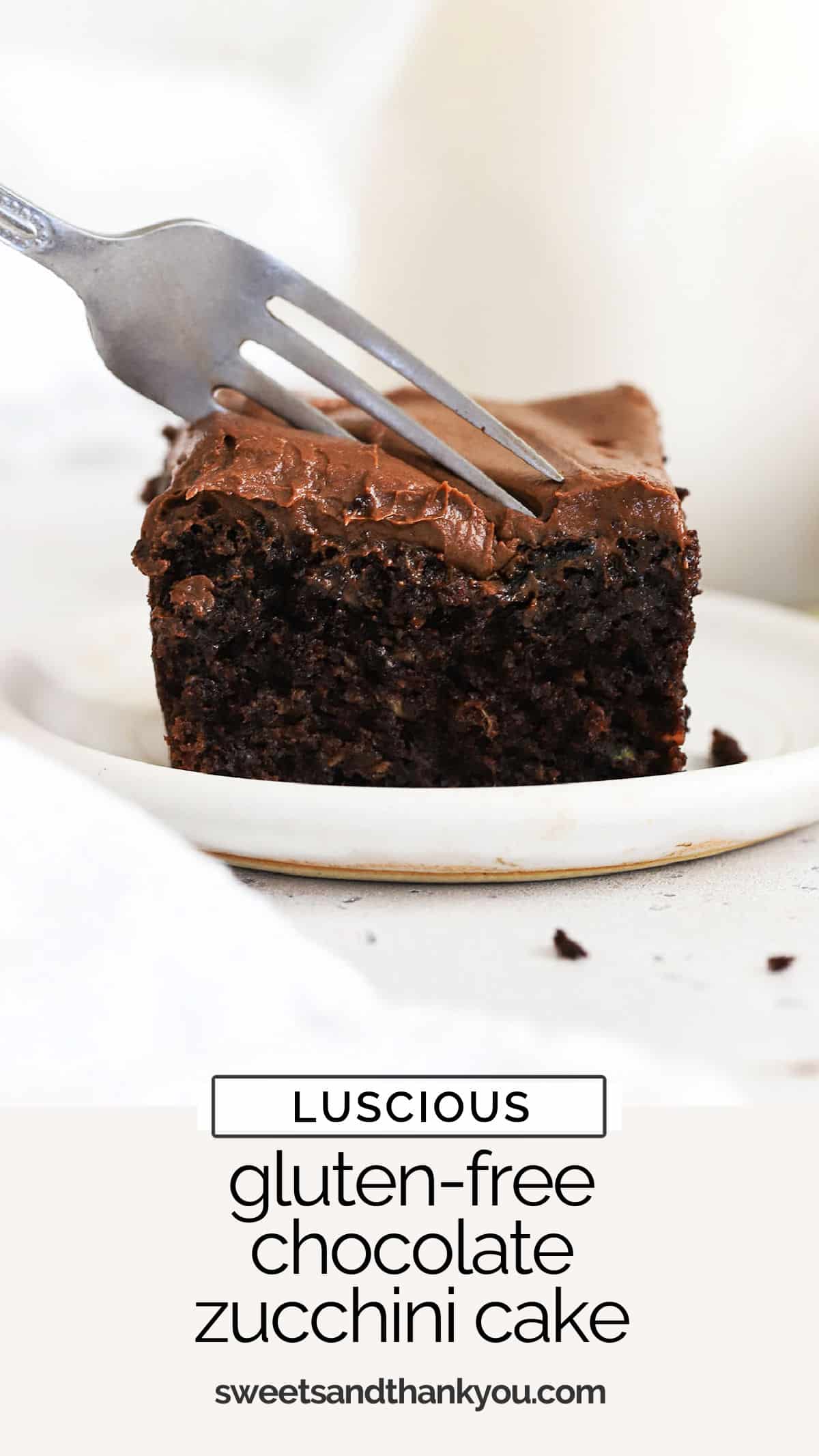 This easy Gluten-Free Chocolate Zucchini Cake recipe is so plush and delicious no one will guess it's gluten-free. (You'll LOVE the chocolate frosting!) / gluten free chocolate zucchini cake with chocolate frosting / gluten free chocolate zucchini sheet cake / gluten free chocolate sheet cake / easy gluten free cake recipe / gluten-free zucchini cake recipe / chocolate frosting for zucchini cake / zucchini sheet cake / gluten free zucchini sheet cake