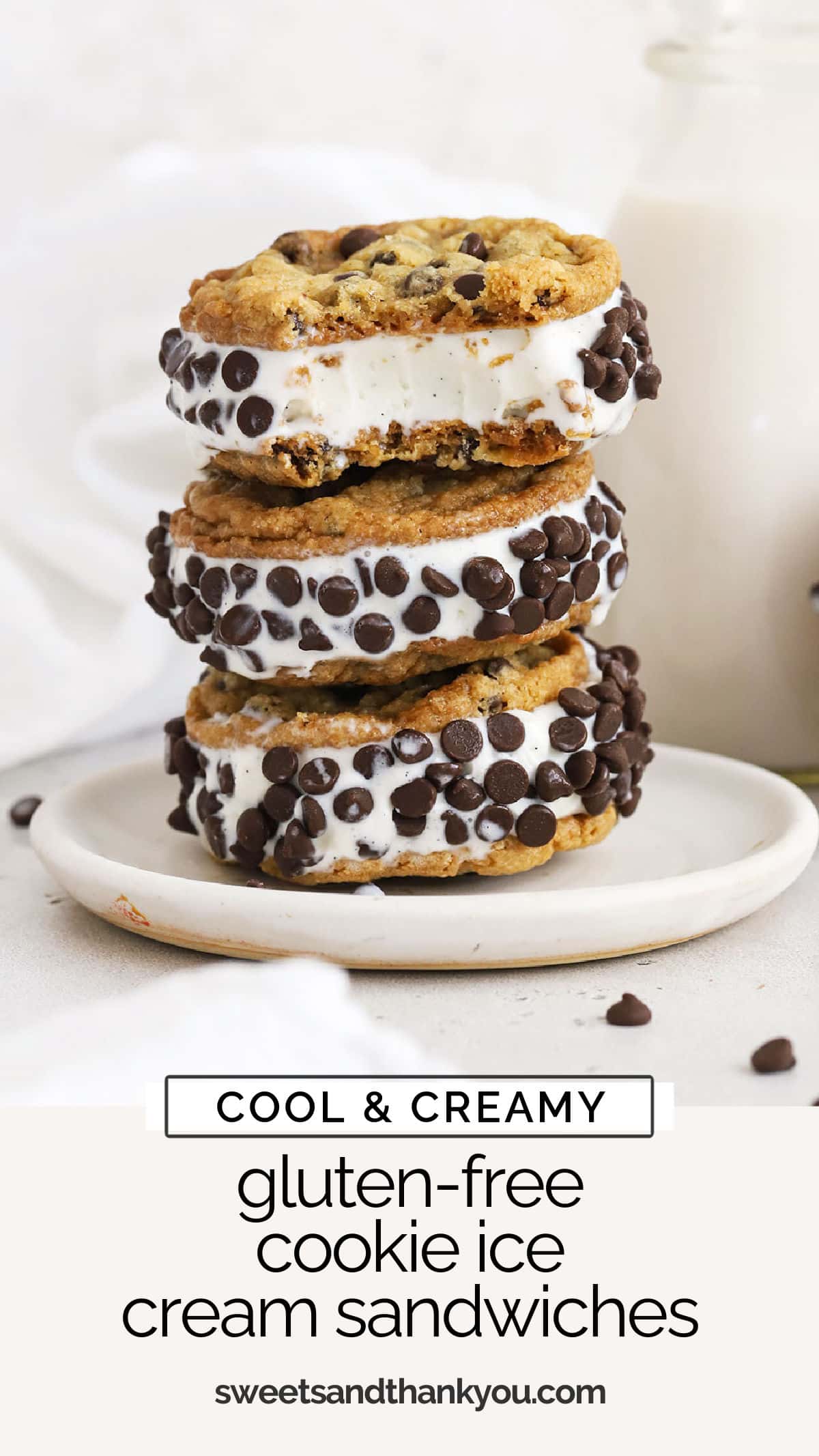 These gluten-free cookie ice cream sandwiches are such a fun dessert to cool off with. Try our classic combination or mix & match ice creams and toppings to create your own! / gluten free chipwich recipe / gluten-free cookie ice cream sandwich recipe / gluten free summer dessert / gluten free ice cream dessert recipe / gluten free ice cream sandwiches with cookies / gluten-free chocolate chip cookie ice cream sandwiches / 