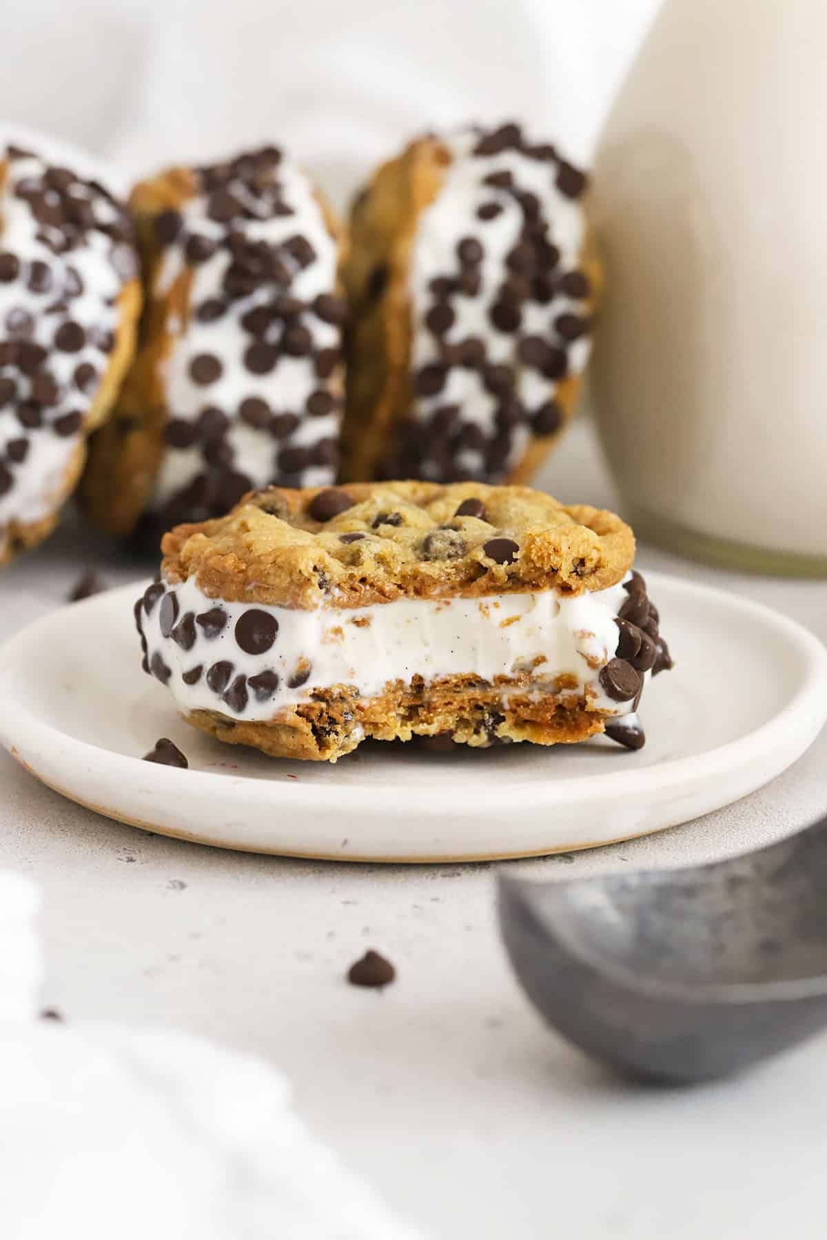 gluten-free cookie ice cream sandwich on a white plate