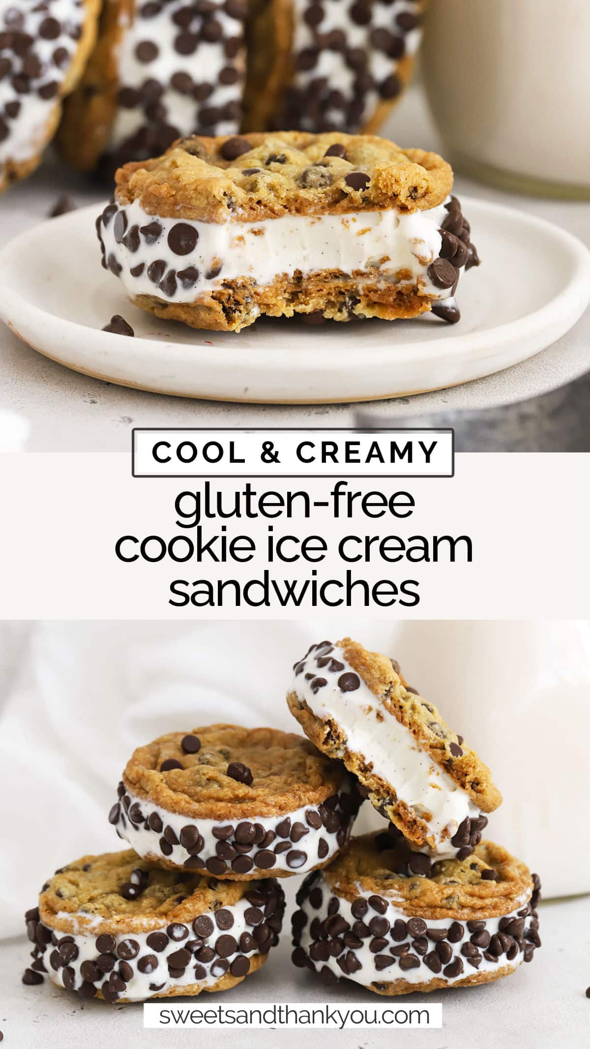 These gluten-free cookie ice cream sandwiches are such a fun dessert to cool off with. Try our classic combination or mix & match ice creams and toppings to create your own! / gluten free chipwich recipe / gluten-free cookie ice cream sandwich recipe / gluten free summer dessert / gluten free ice cream dessert recipe / gluten free ice cream sandwiches with cookies / gluten-free chocolate chip cookie ice cream sandwiches / 