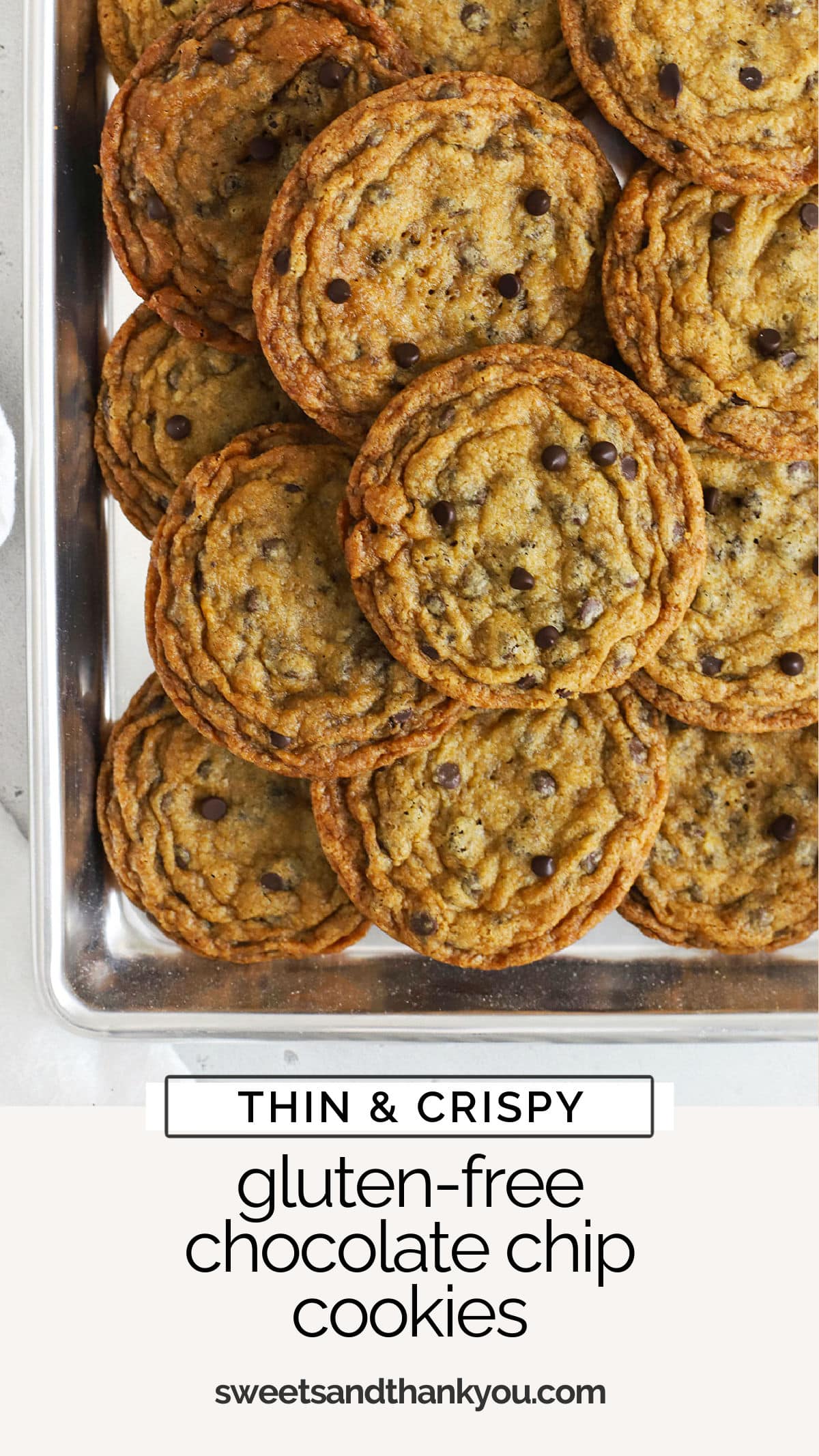 Calling all crispy cookie lovers! These Thin & Crispy Gluten-Free Chocolate Chip Cookies have all the classic flavor you crave, with a satisfying snap! / crisp gluten free chocolate chip cookie recipe / gluten-free chocolate chip cookies / the best gluten free chocolate chip cookies / tates bakeshop gluten free chocolate chip cookies / easy gluten free chocolate chip cookie recipe / gluten free cookies