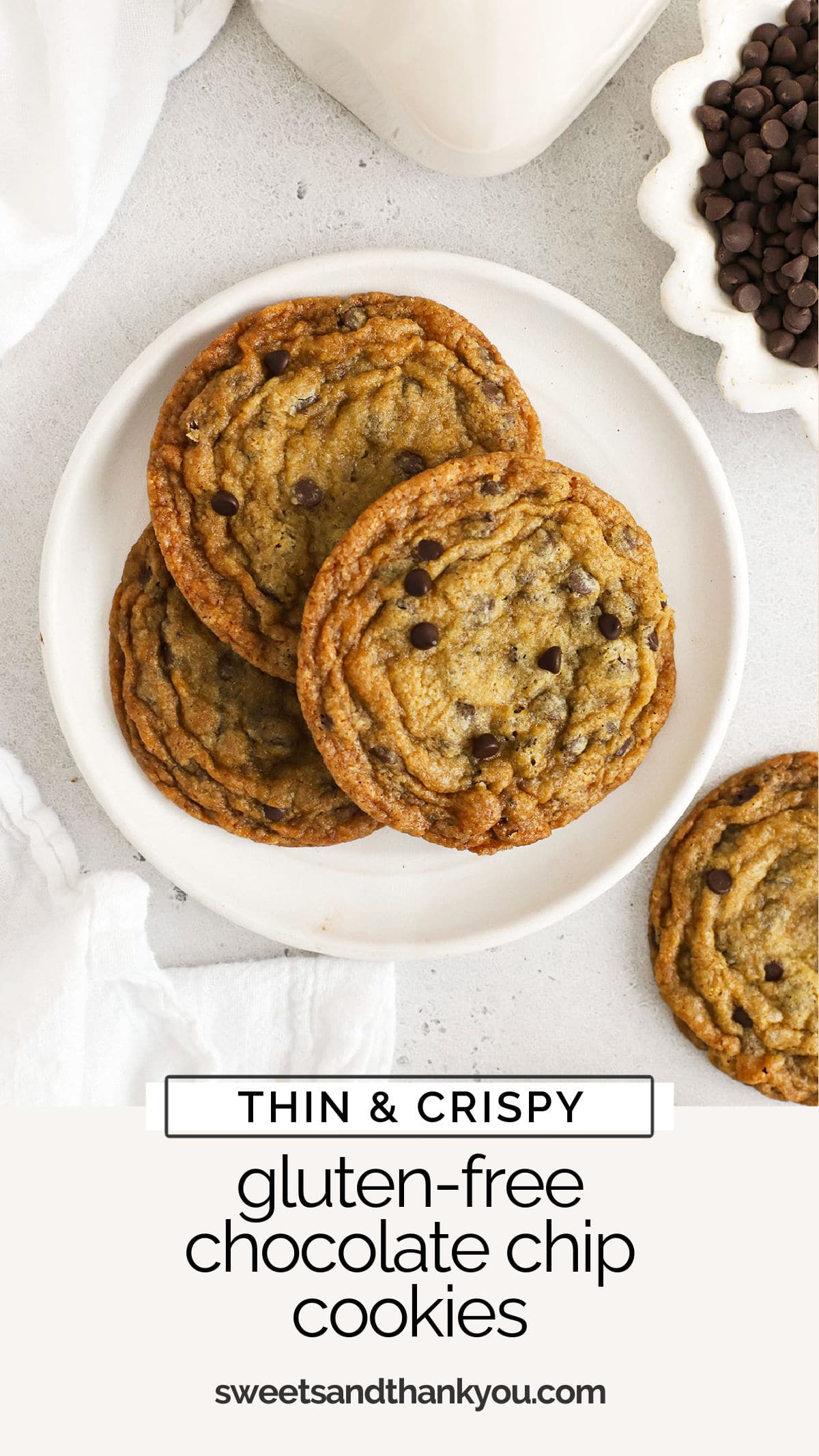Calling all crispy cookie lovers! These Thin & Crispy Gluten-Free Chocolate Chip Cookies have all the classic flavor you crave, with a satisfying snap! / crisp gluten free chocolate chip cookie recipe / gluten-free chocolate chip cookies / the best gluten free chocolate chip cookies / tates bakeshop gluten free chocolate chip cookies / easy gluten free chocolate chip cookie recipe / gluten free cookies