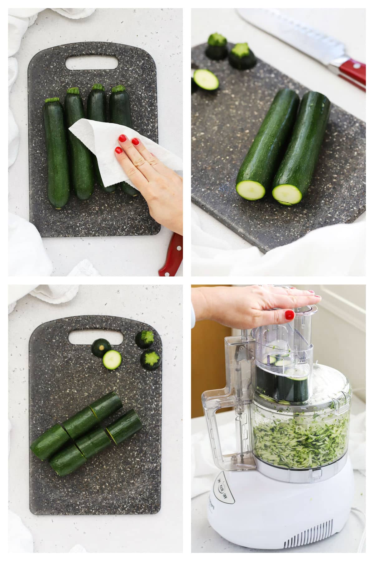 grating zucchini in a food processor, step by step
